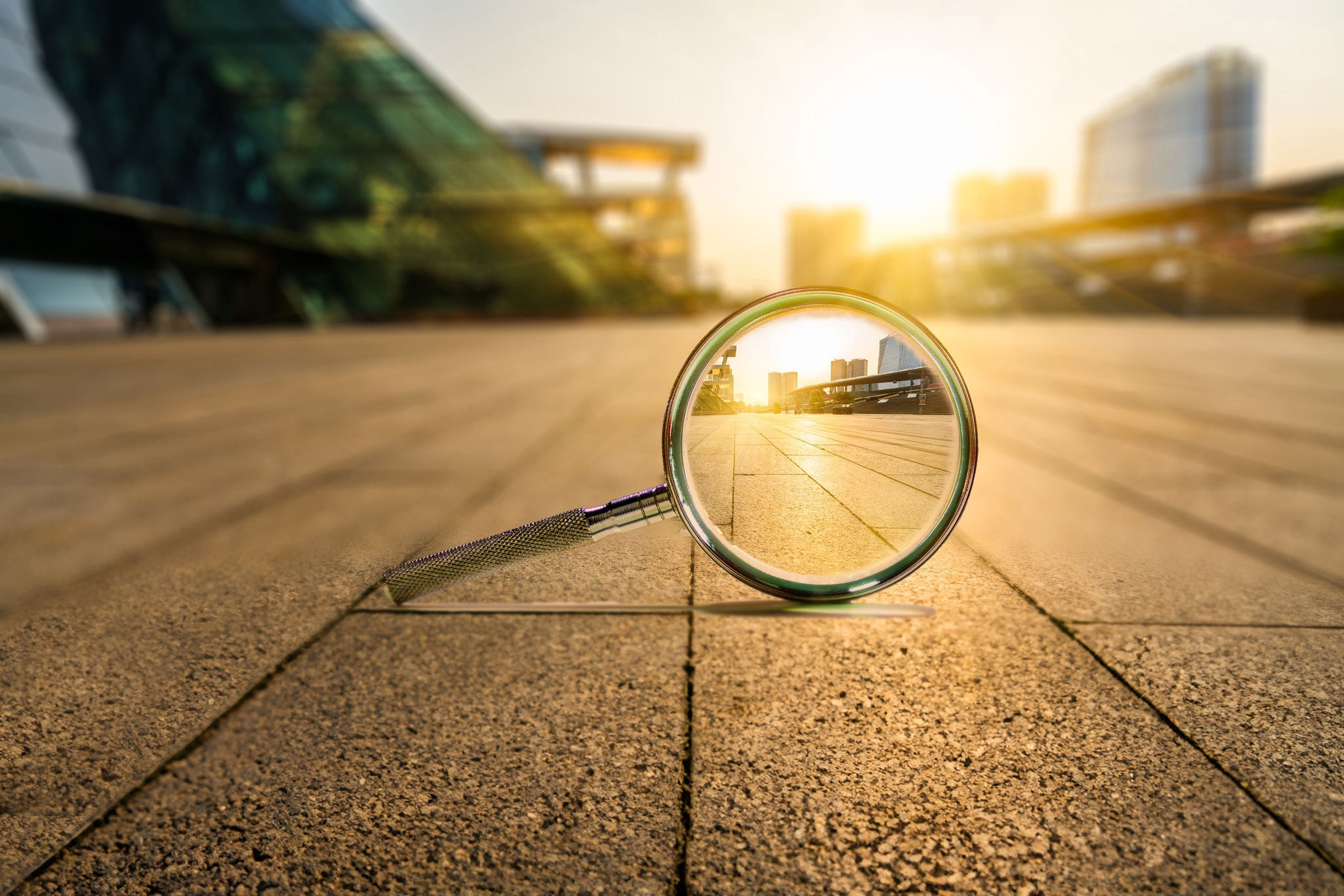 Sunset Cityscape Seen Through Magnifying Glass,Suzhou,Jiangsu province,China.