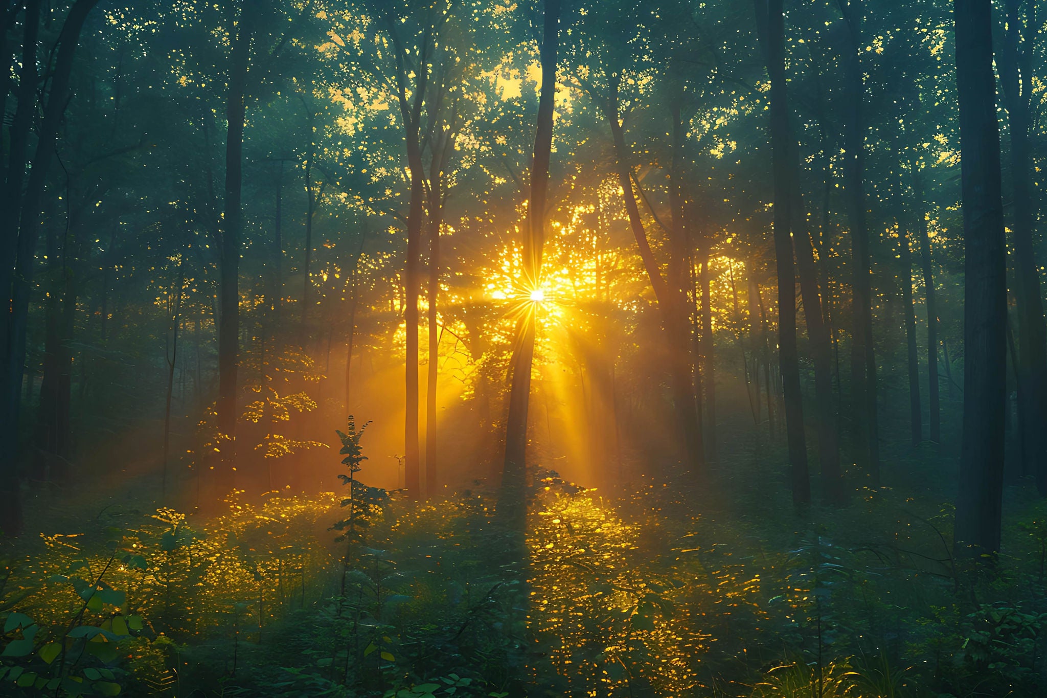 Sunrise peeking through the trees in a forest