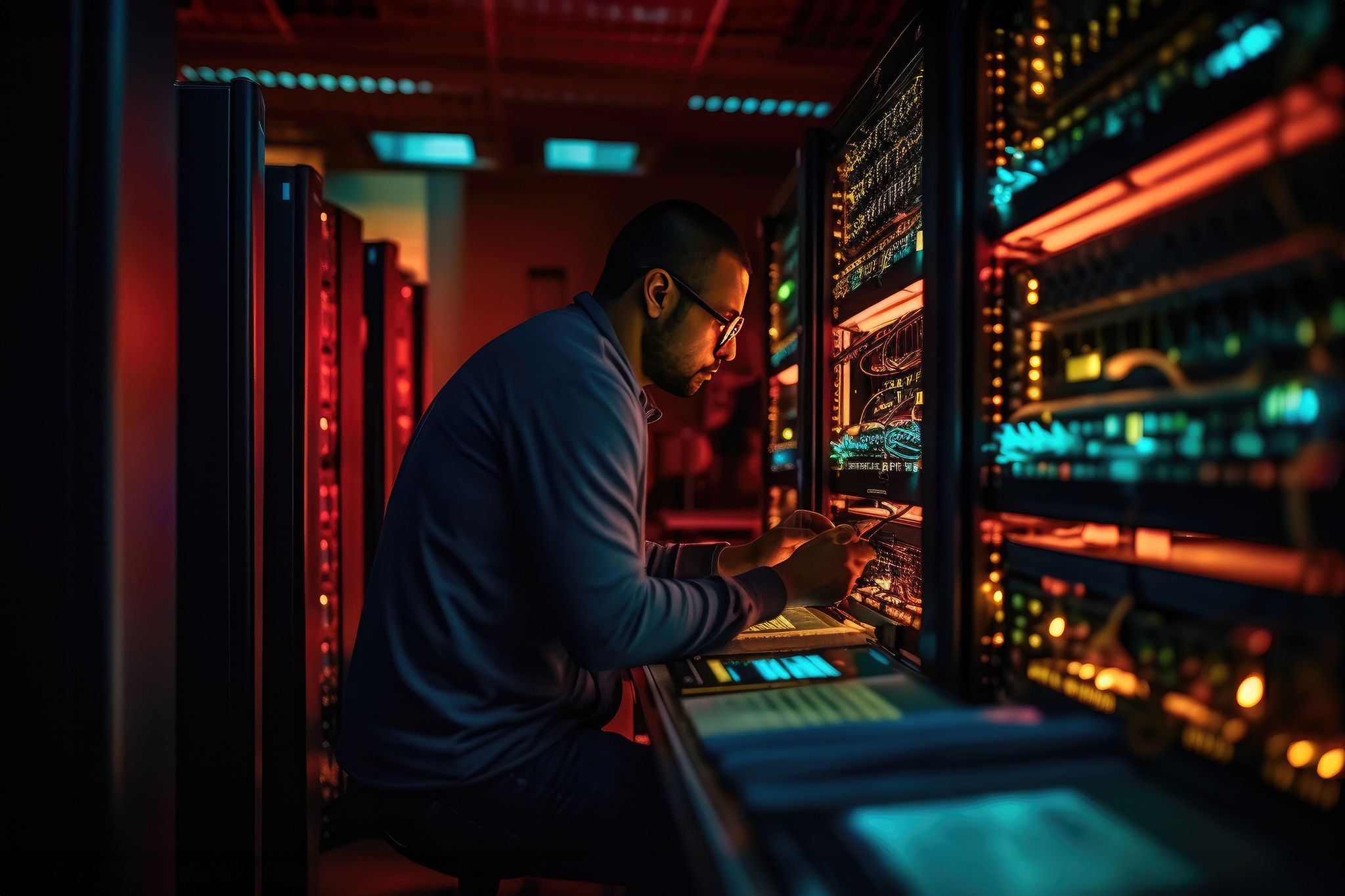 Technician fixing a super computer