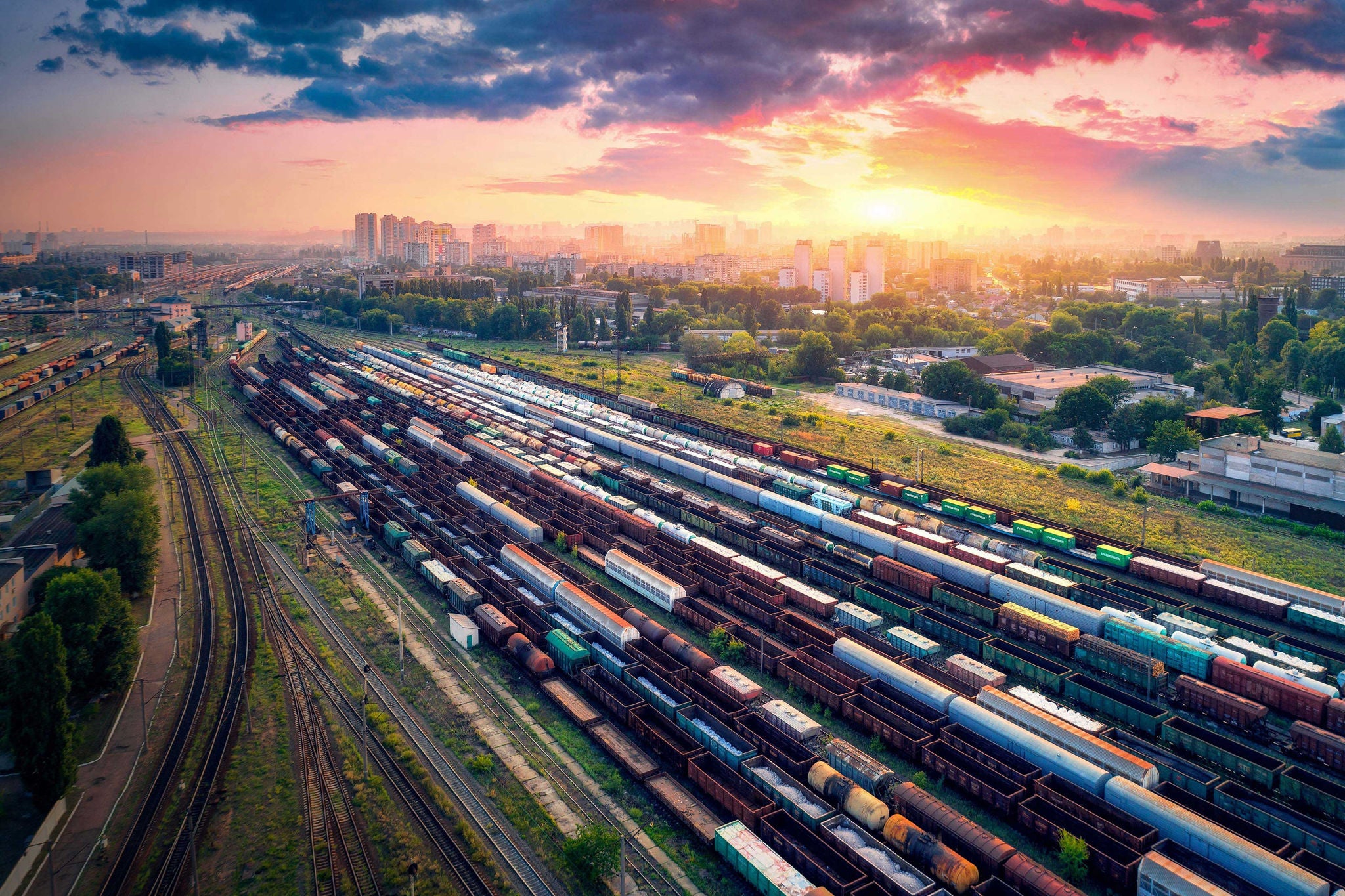 Aerial view of freight trains at railway station