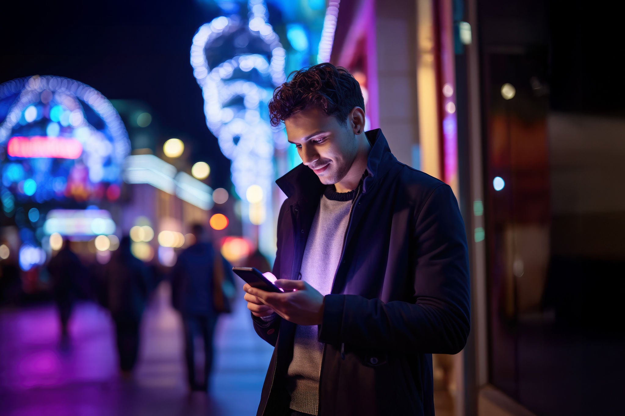 Man at night on his mobile device