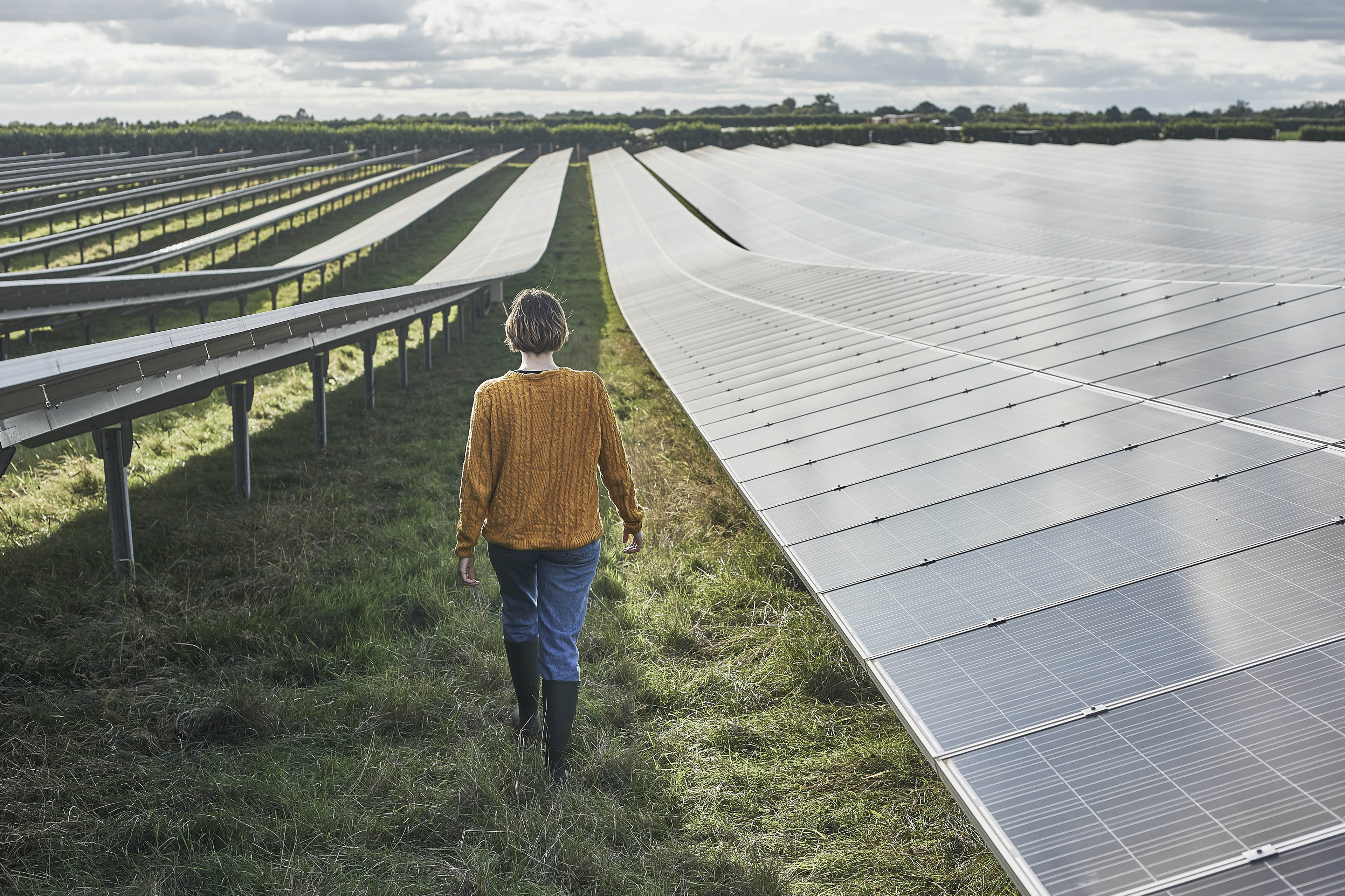 Kvindelig landmand går gennem solcellepark