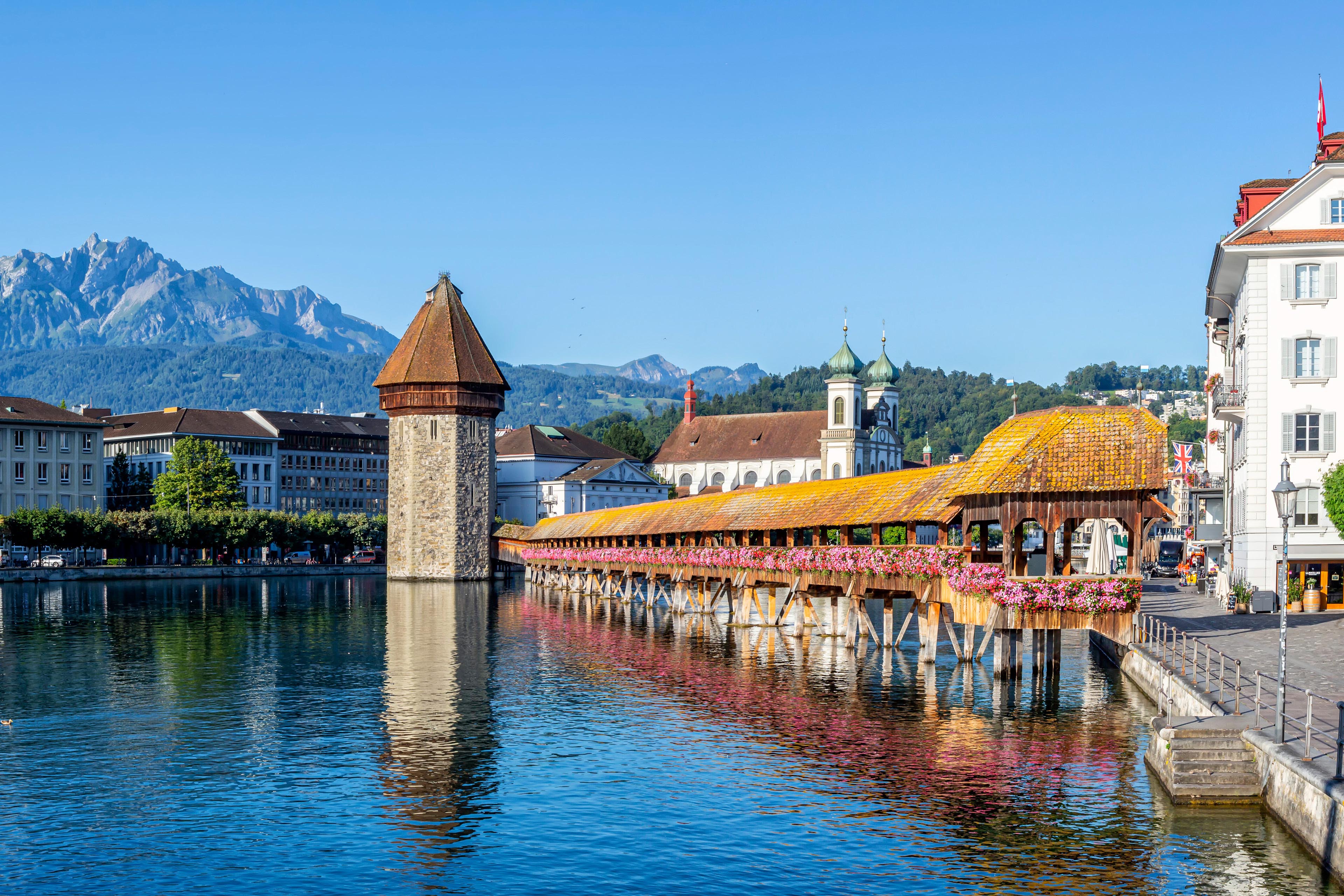 Lake along with traditional buildings