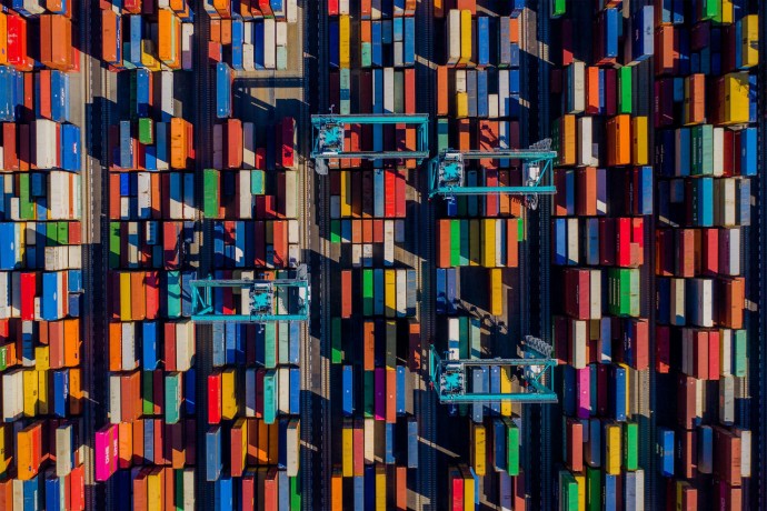 Aerial view of a colorful container yard