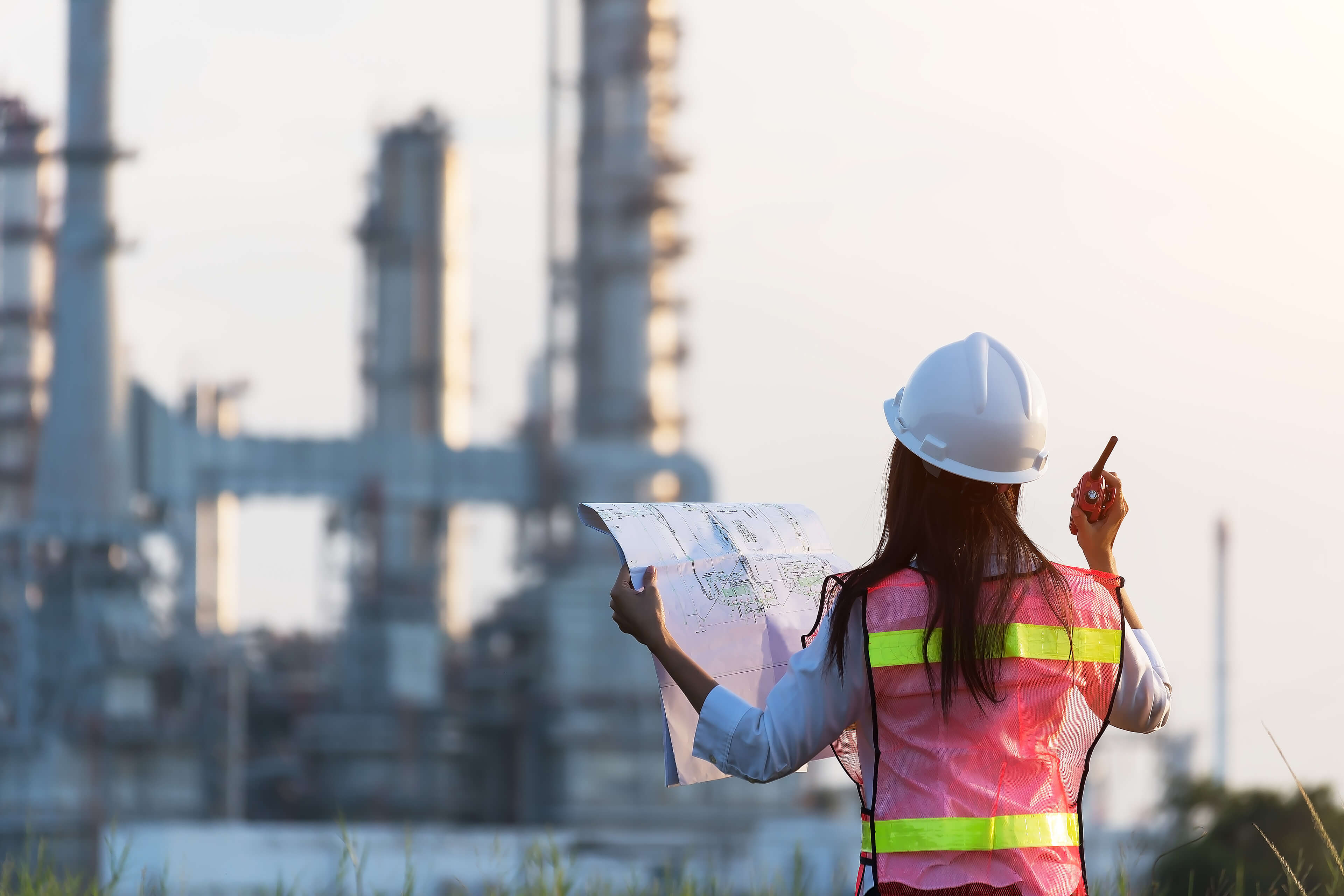 Worker looking at blueprint at power plan