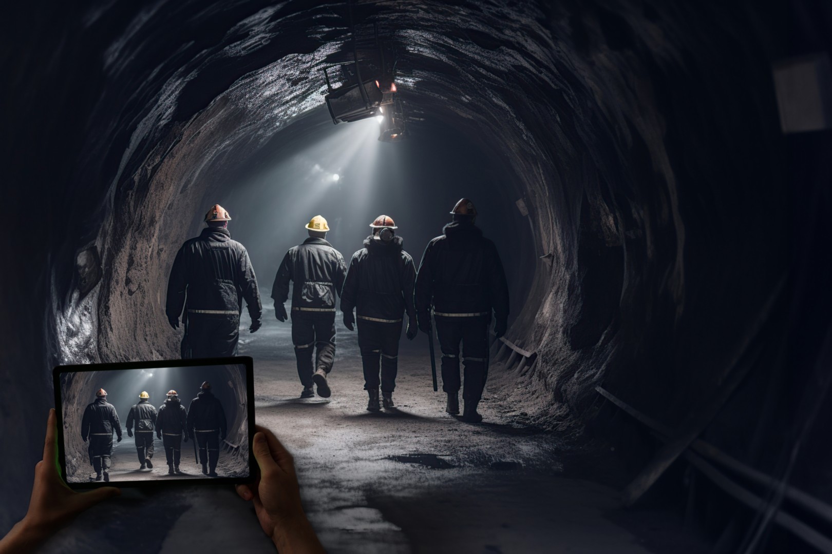 A group of miners in hard hats and safety gear are walking away from the camera into a well-lit mine tunnel.