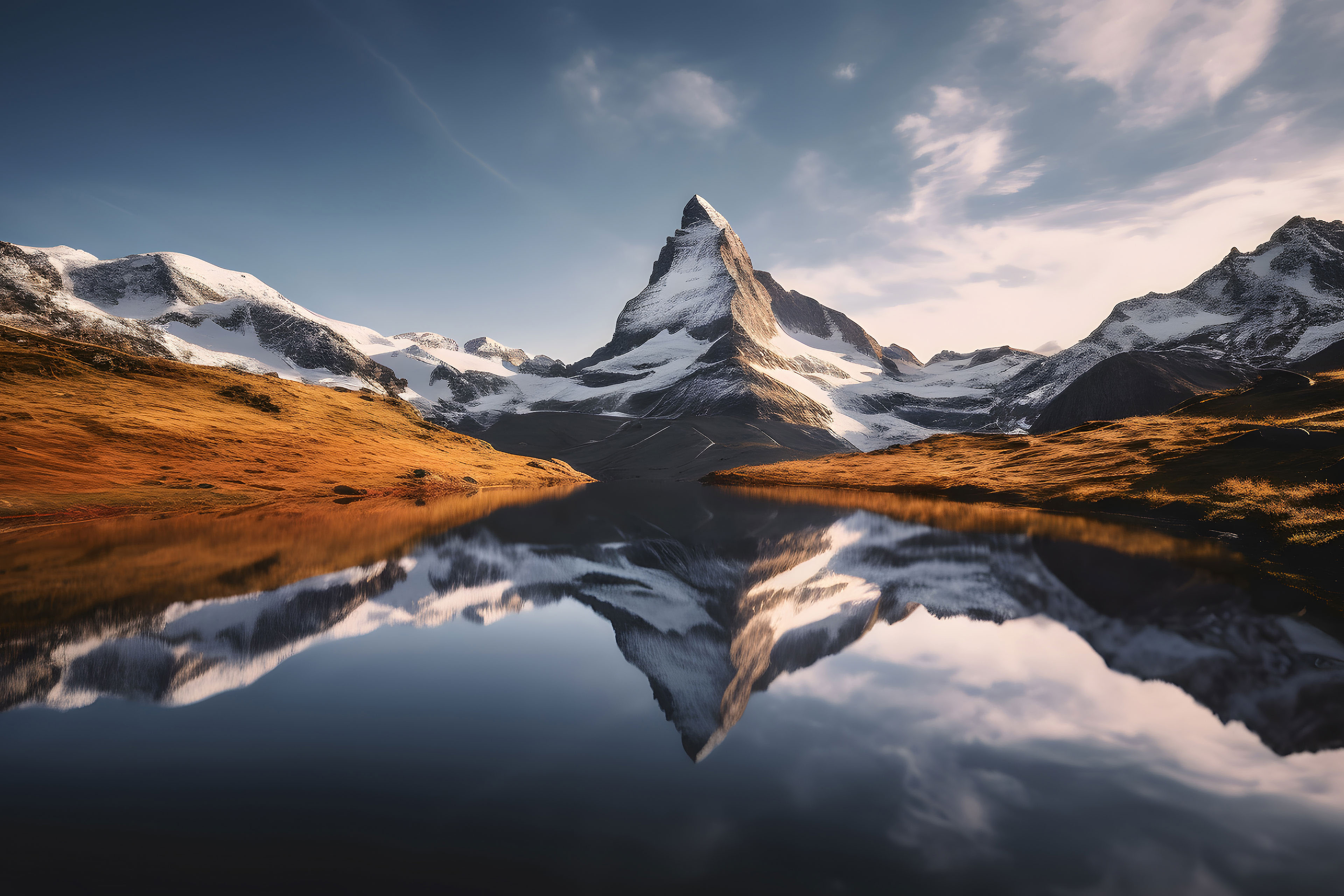 The matterhorn mountain peaks are reflected in the lake