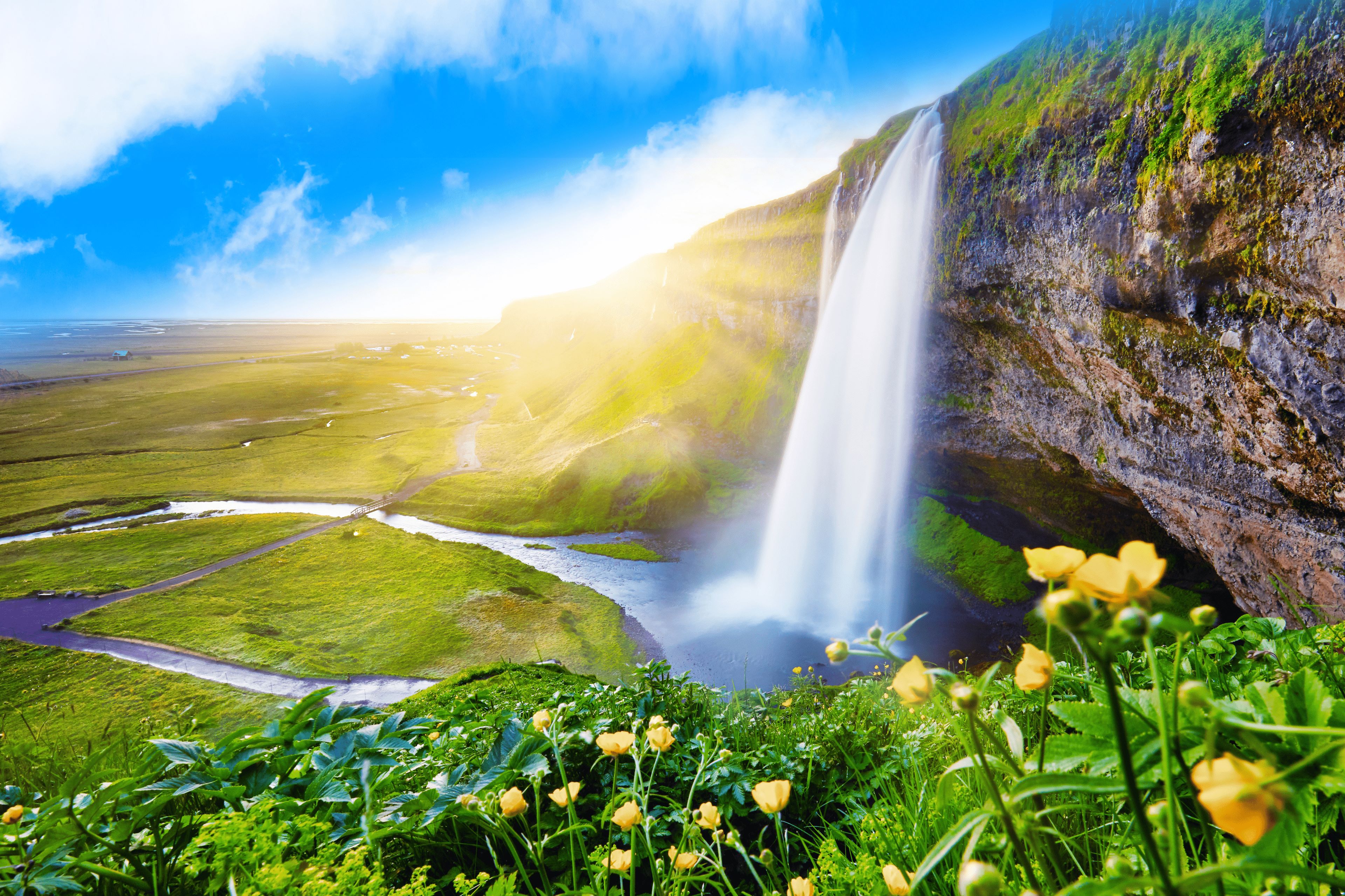 Water fall under sunset