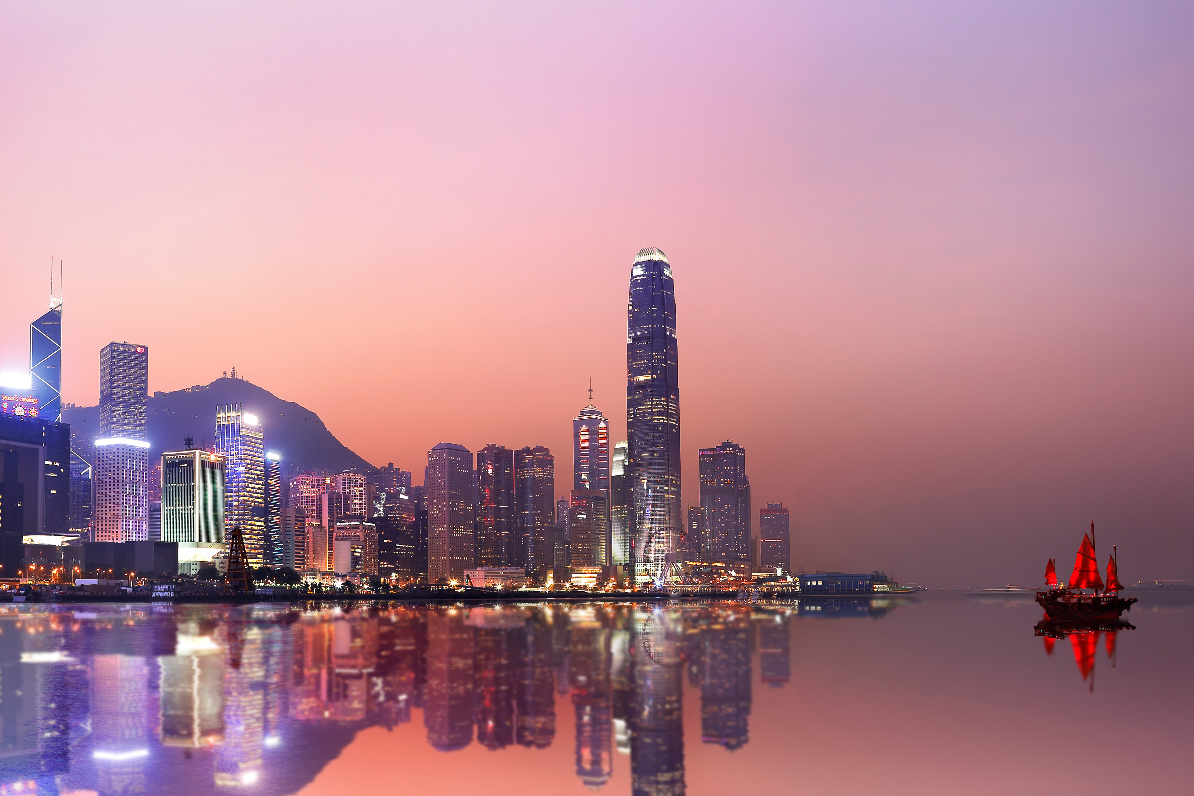 Hong Kong neon sunset iconic harbour skyscrapers