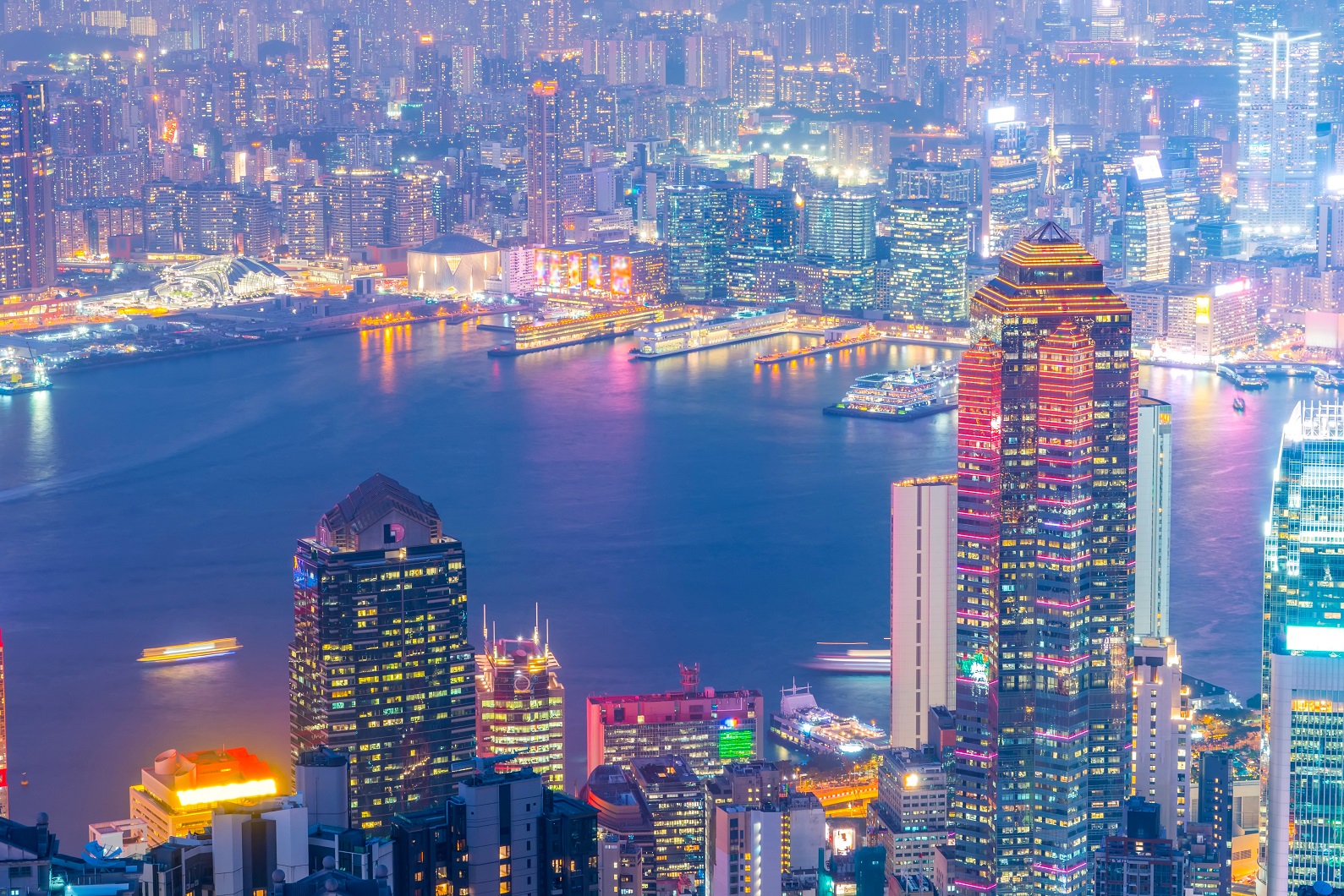 Hong kong illuminated cityscape from a high angle