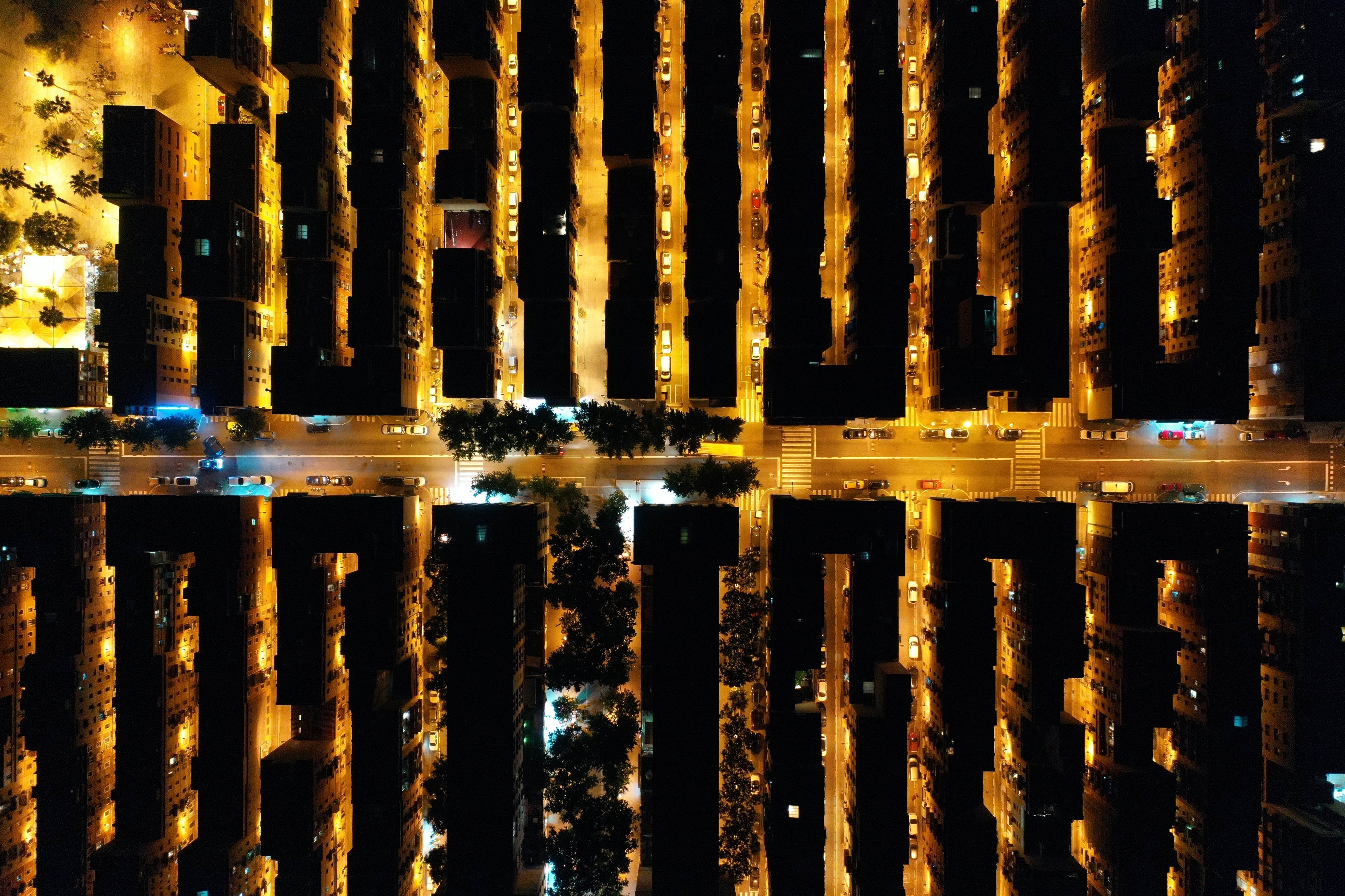 Drone view of Barcelona at night