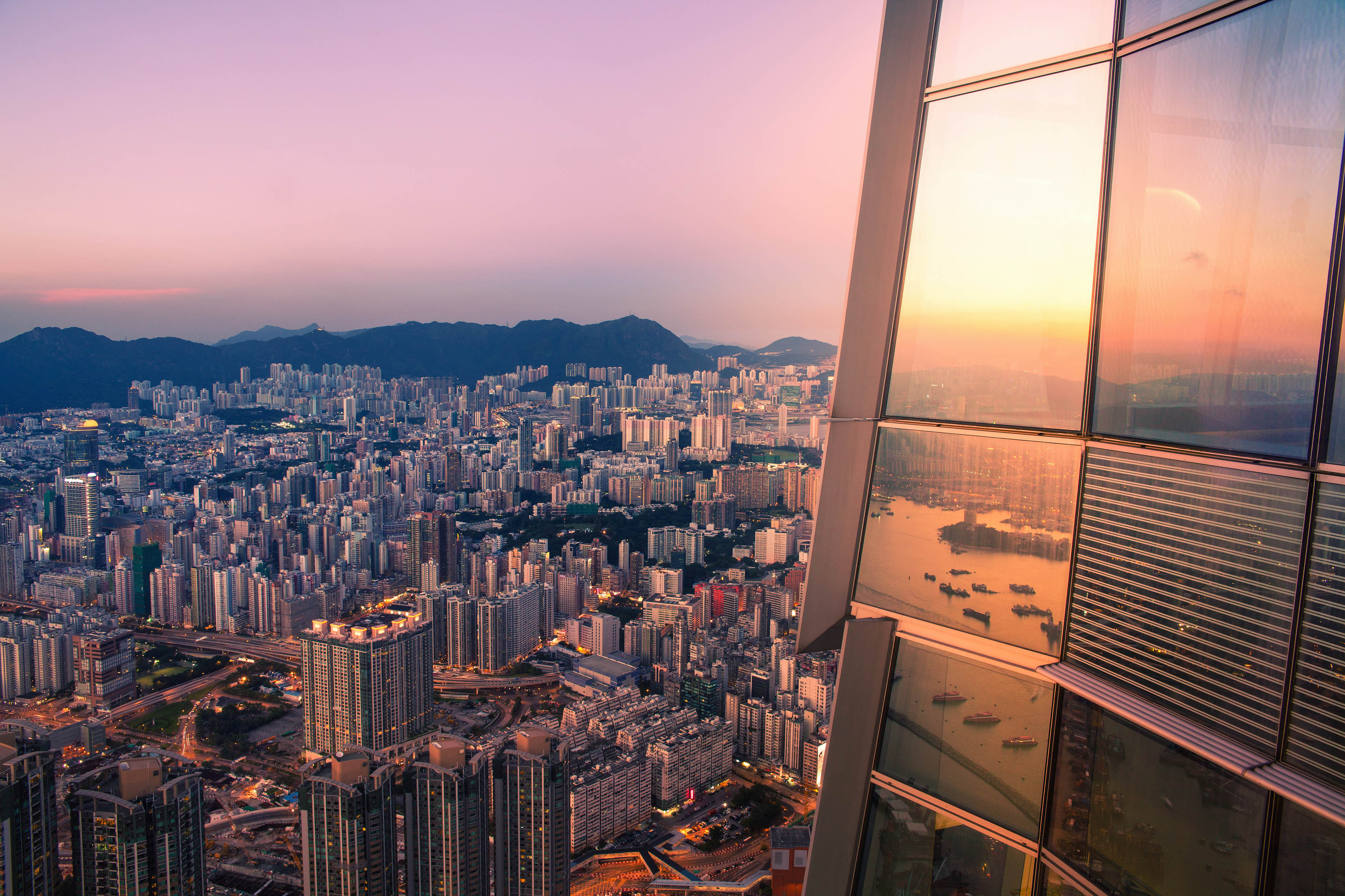 City skyline at sunset view from skyscraper