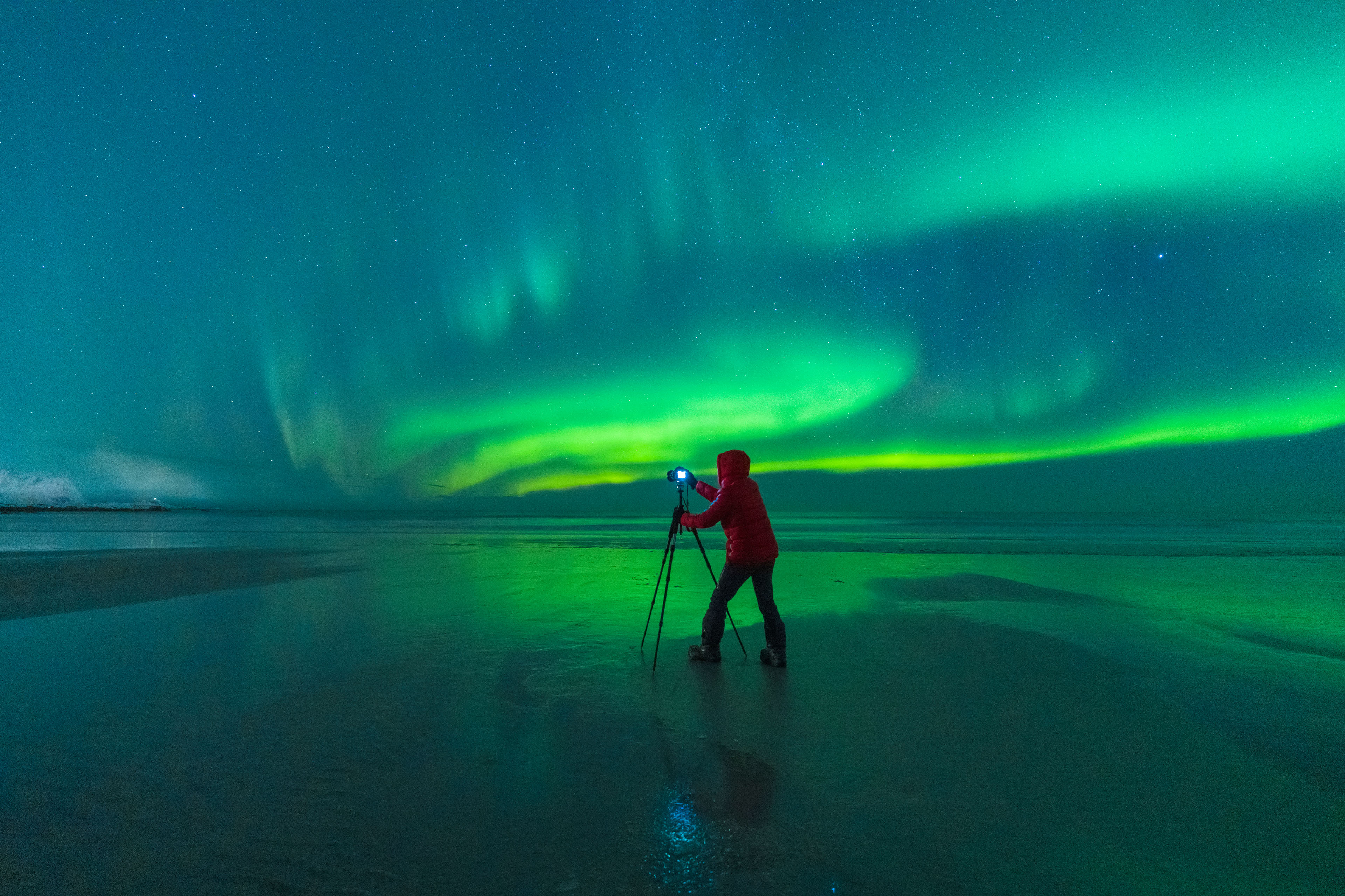 Photographer on skagsanden beach during northern lights