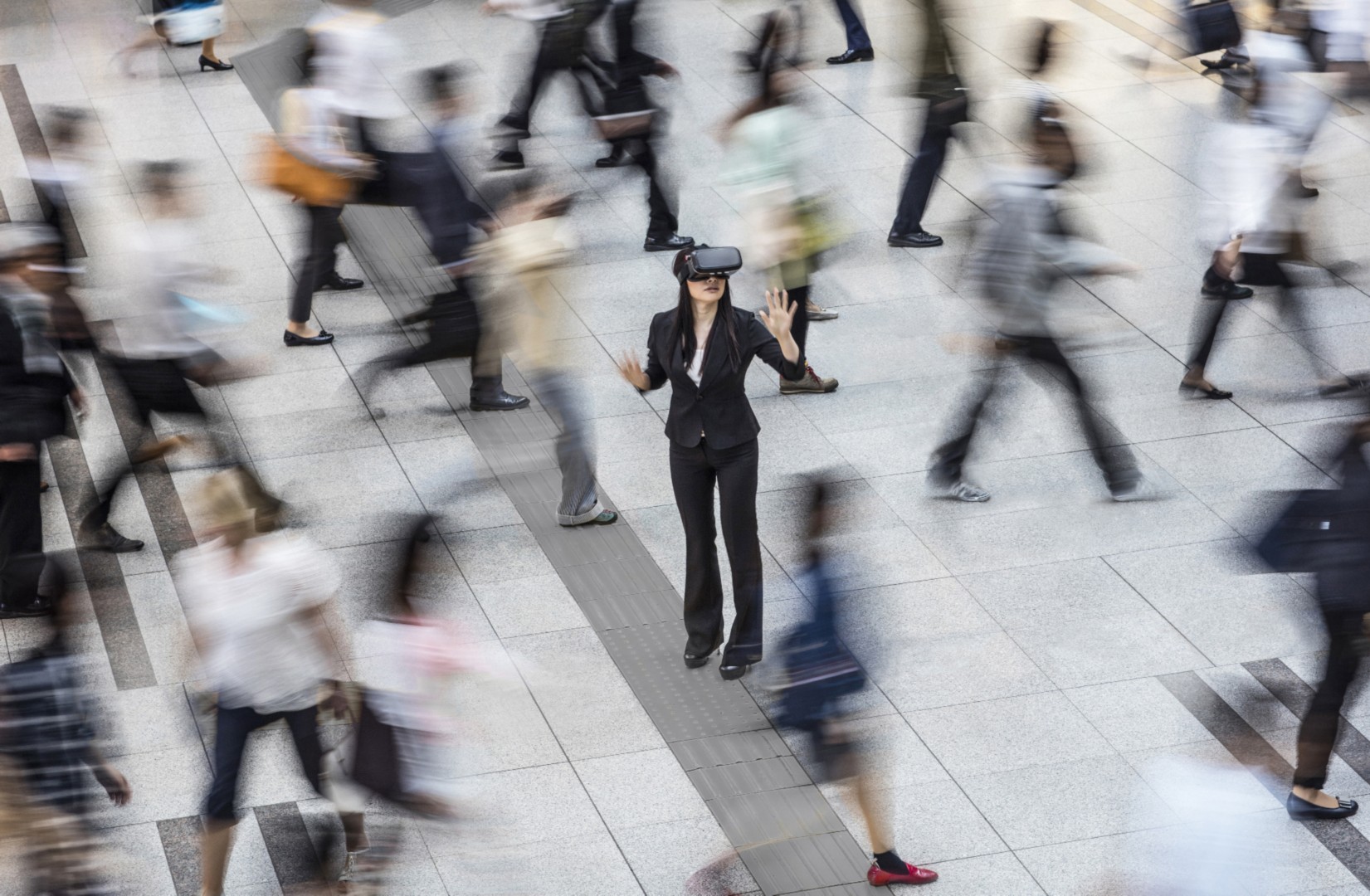 Businesswoman VR simulator street frame