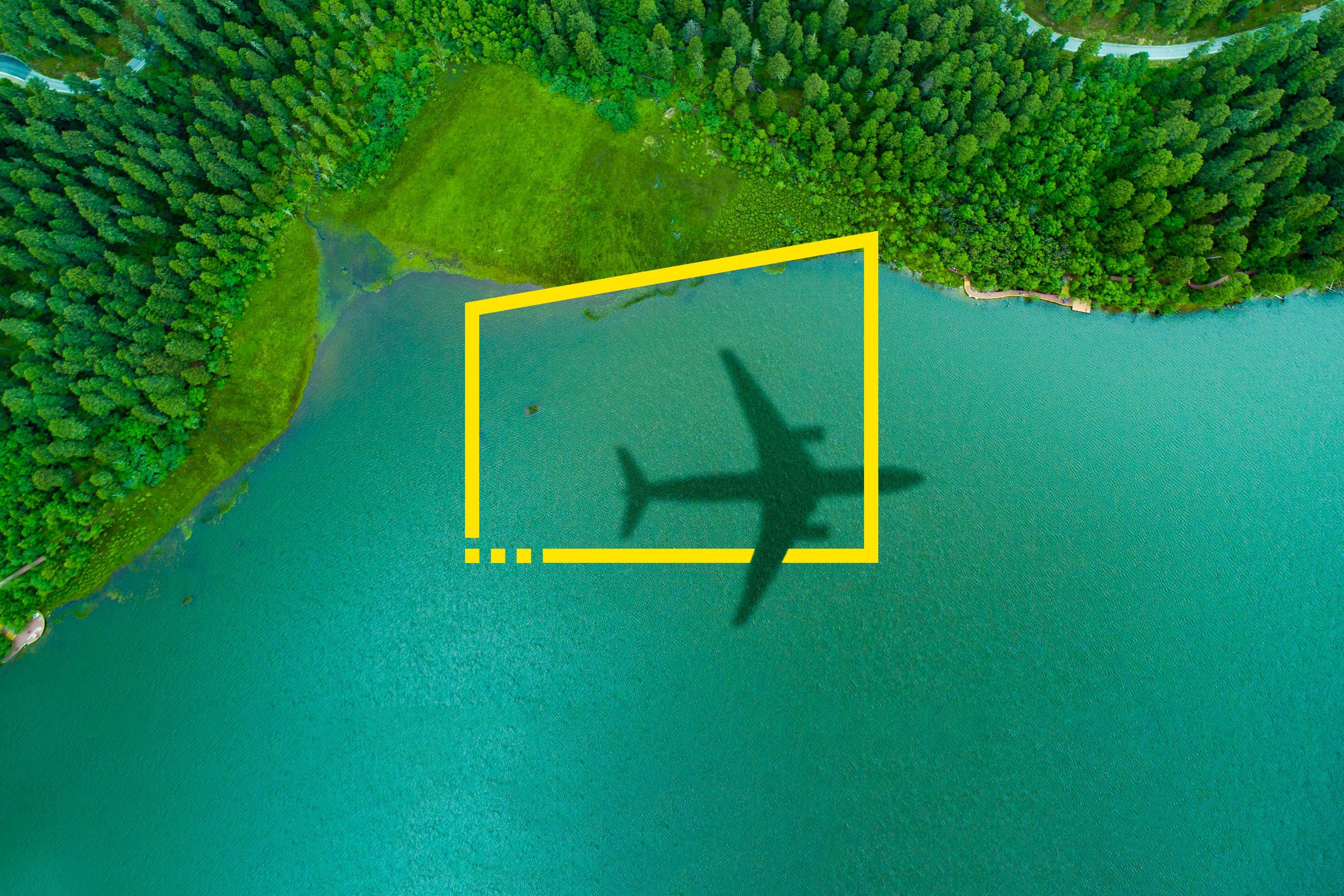 Ombre d’un avion survolant une île bordée de forêts