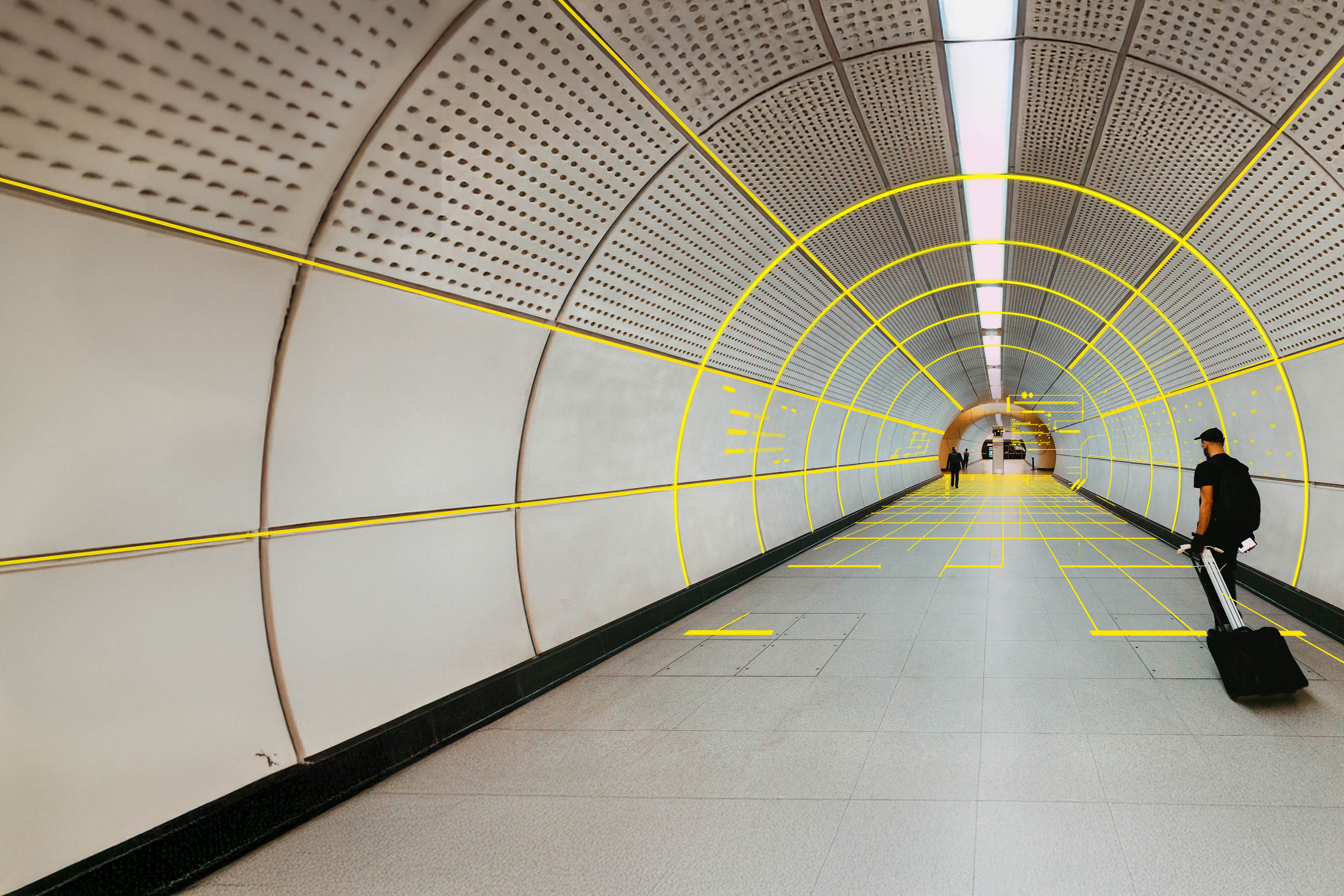 Commuter and modern architecture on Elizabeth line in London UK