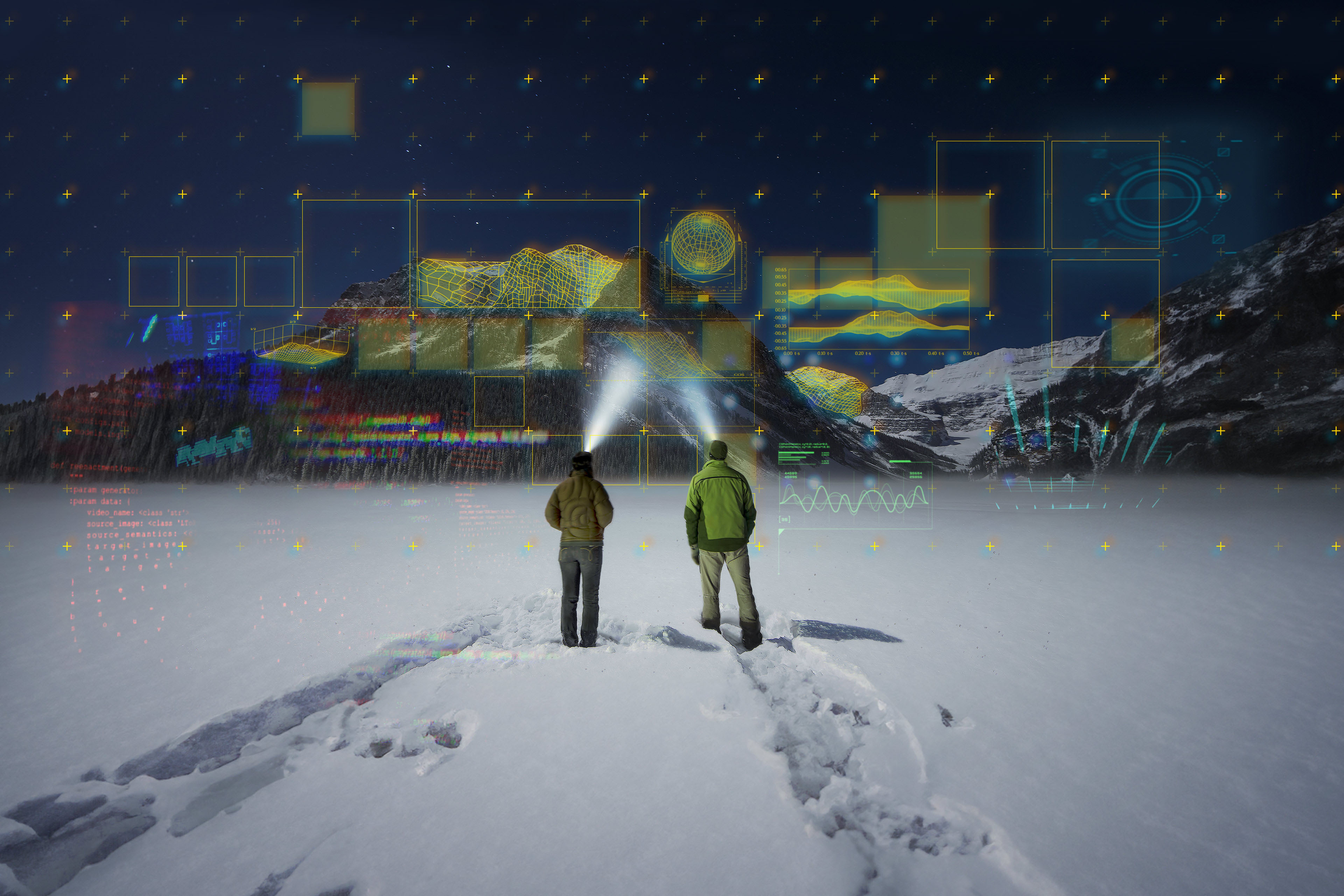 Couple stand in snowy clearing with headlamps