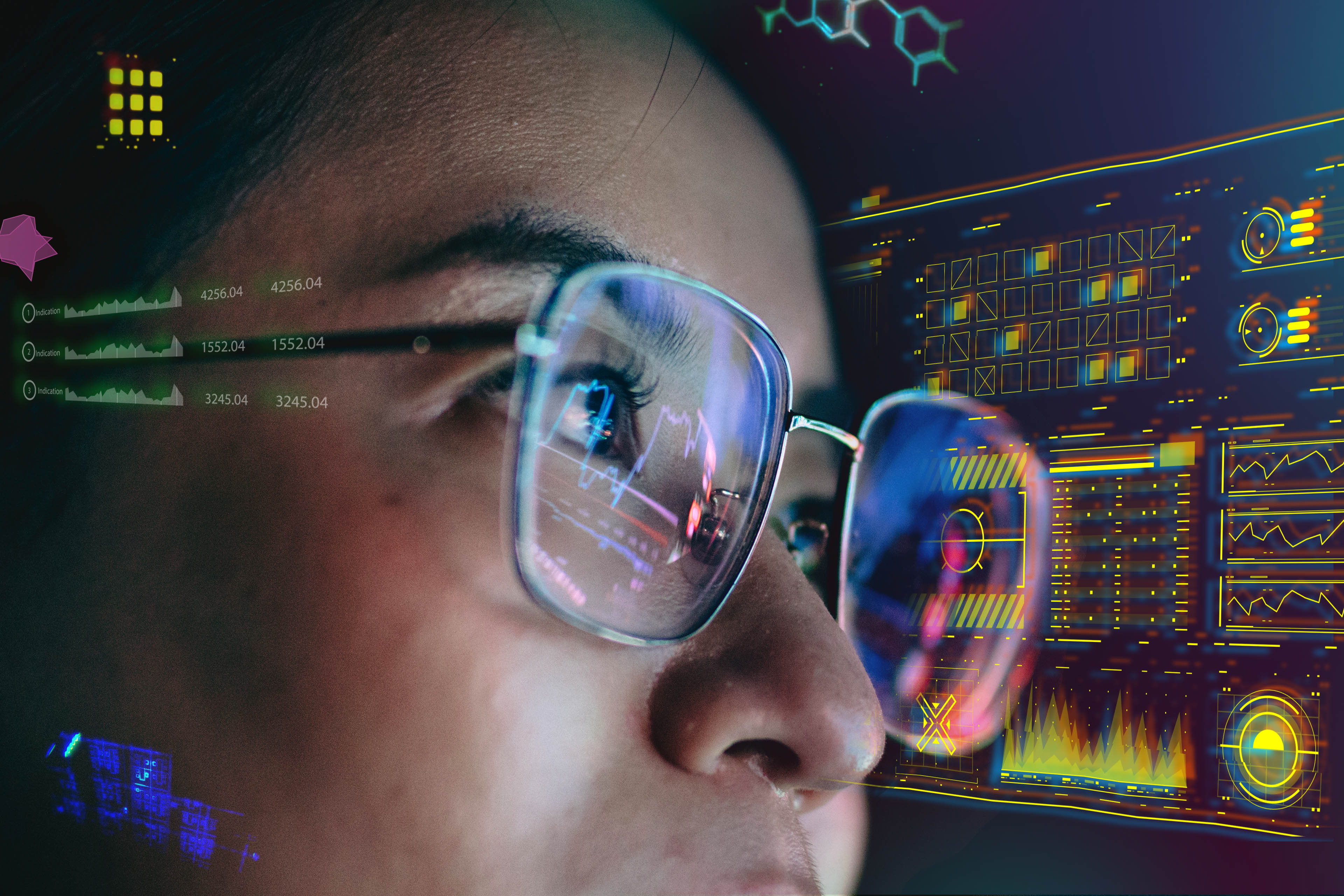 AI reflection of a graph in woman's glasses