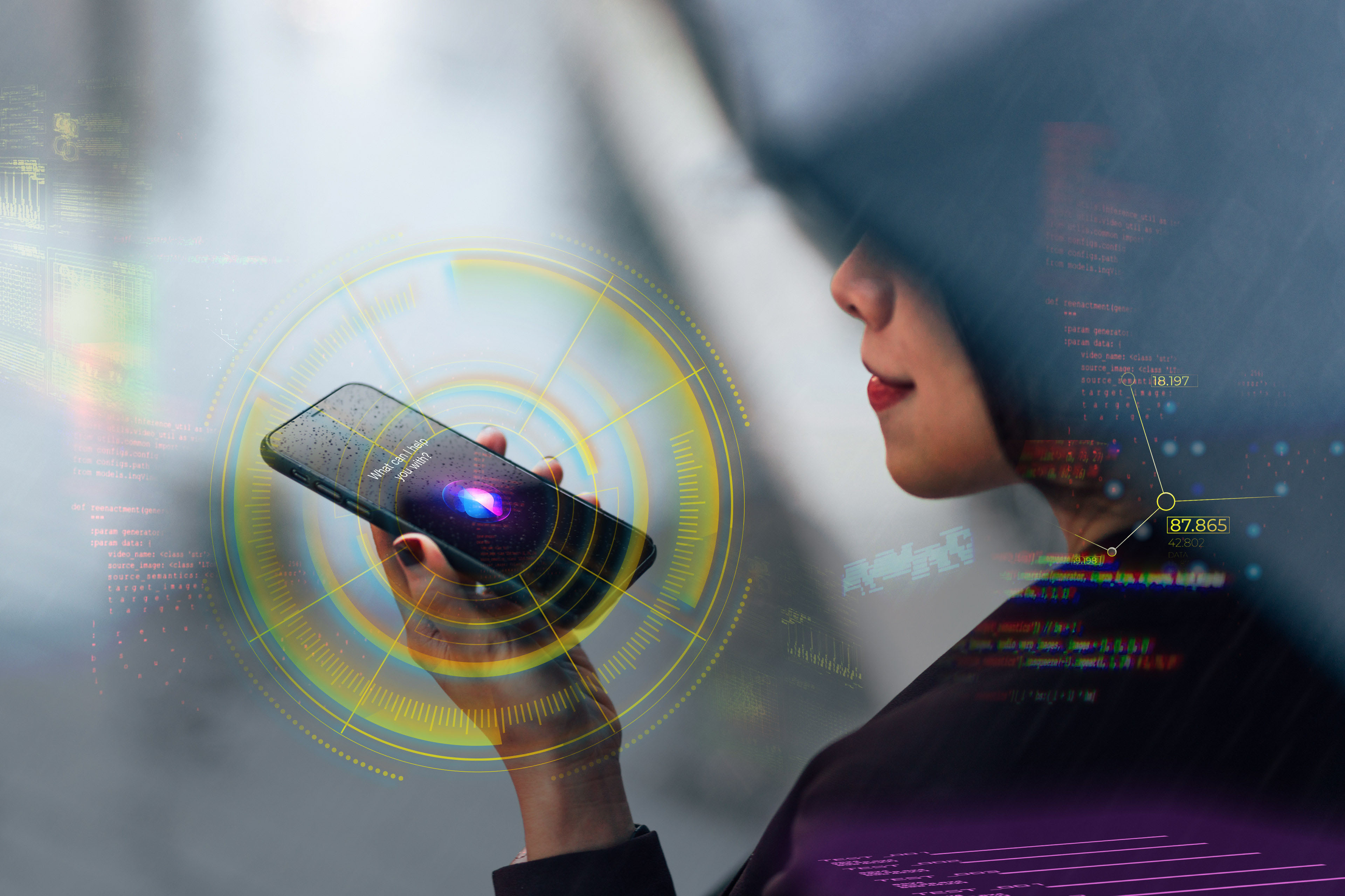 Woman using voice assistant on smartphone in the rain