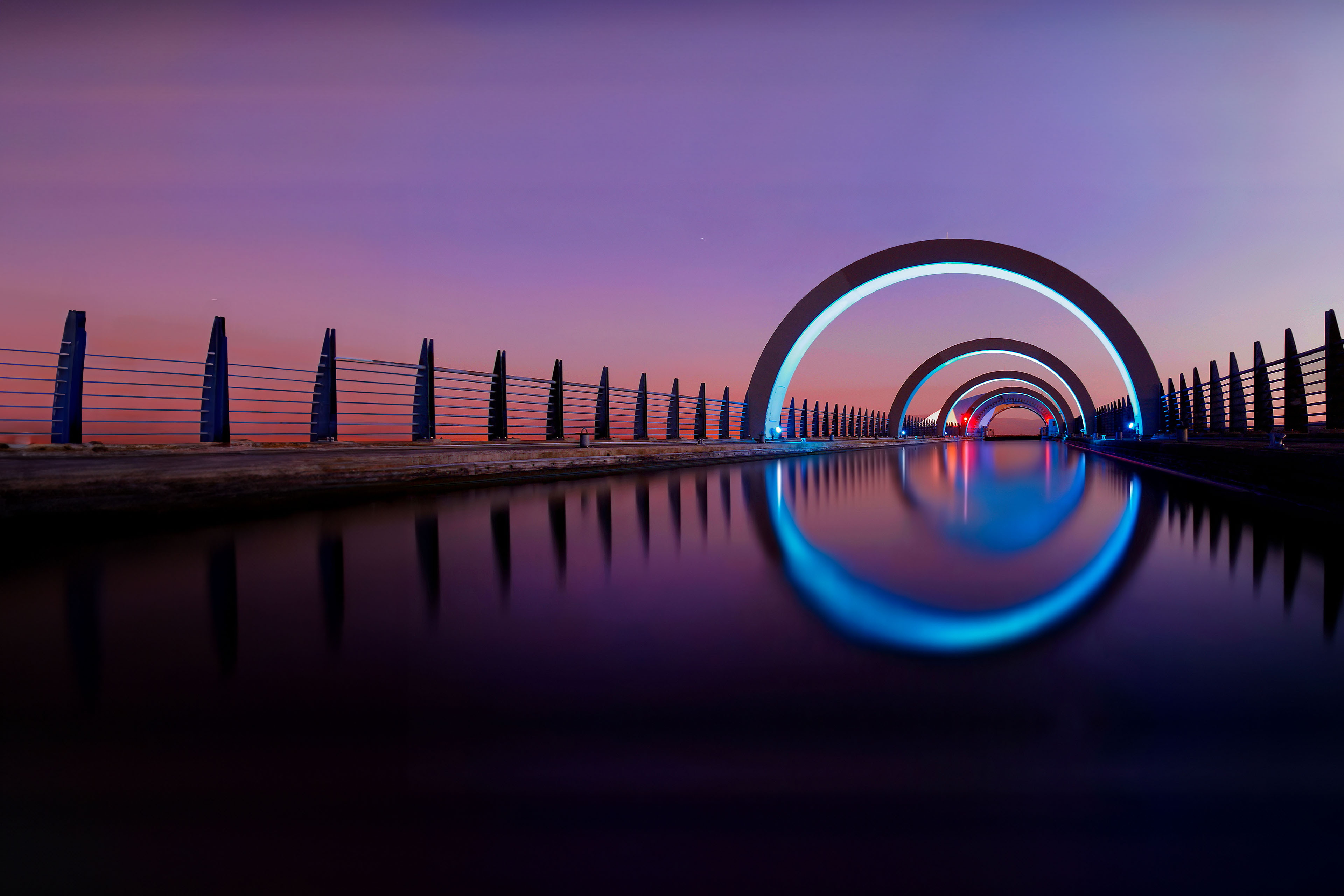 Night time shot of the illuminated Falkirk wheel