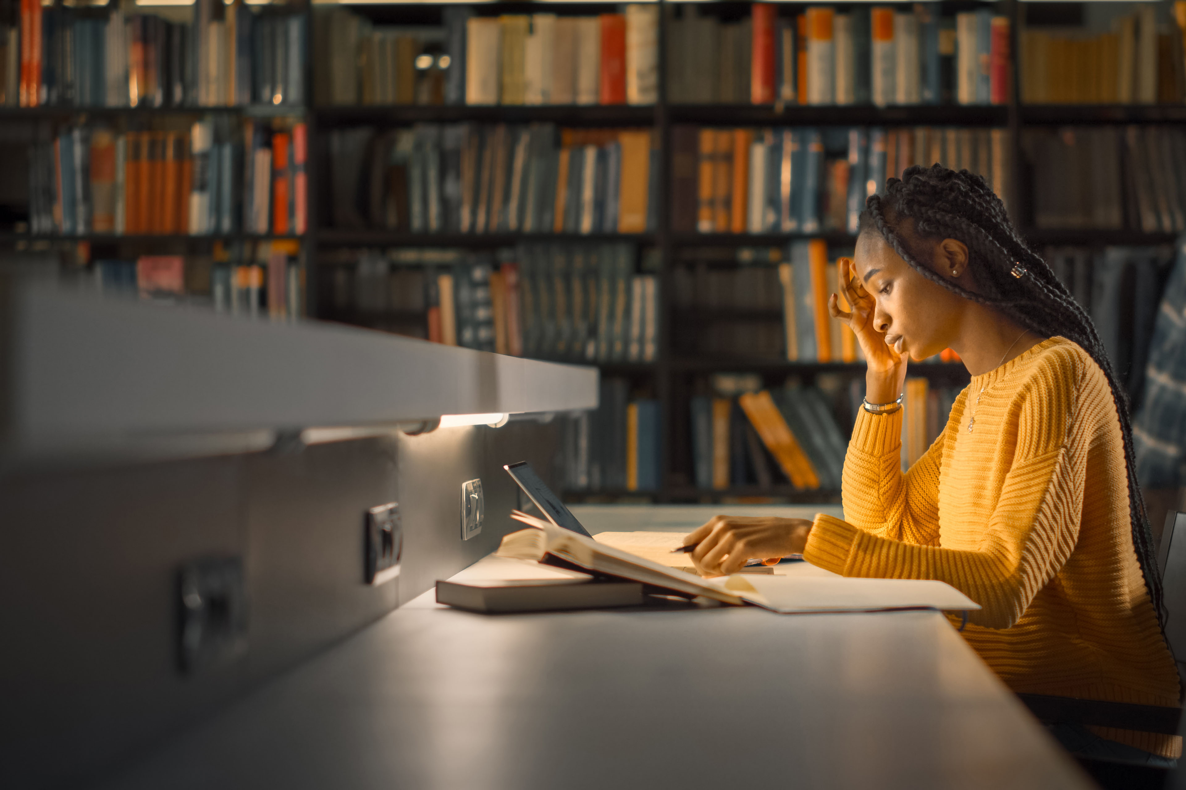 Dunkelhäutige Studentin in der Universitätsbibliothek mit Laptop