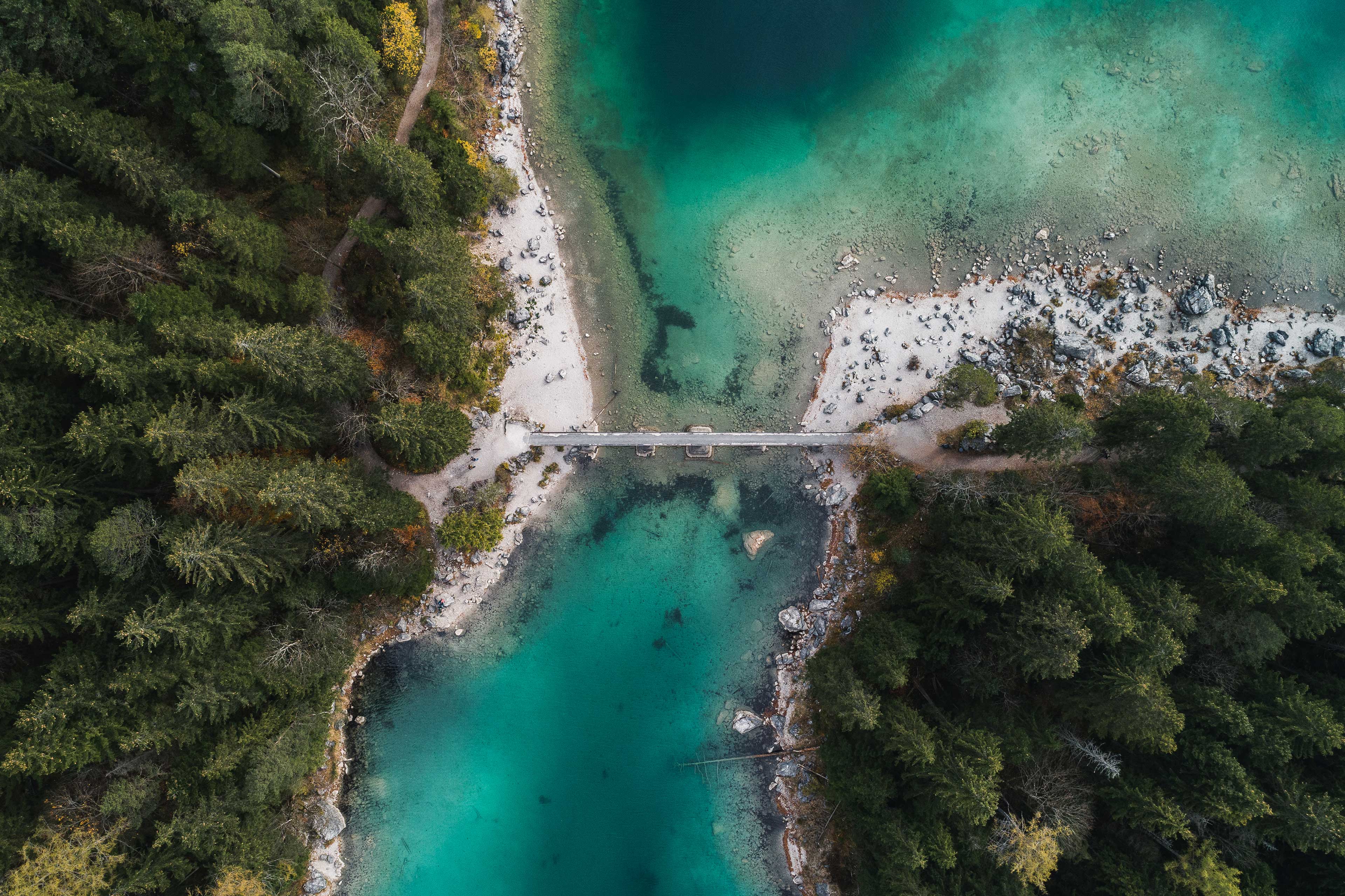 High angle view of bridge over section of lake