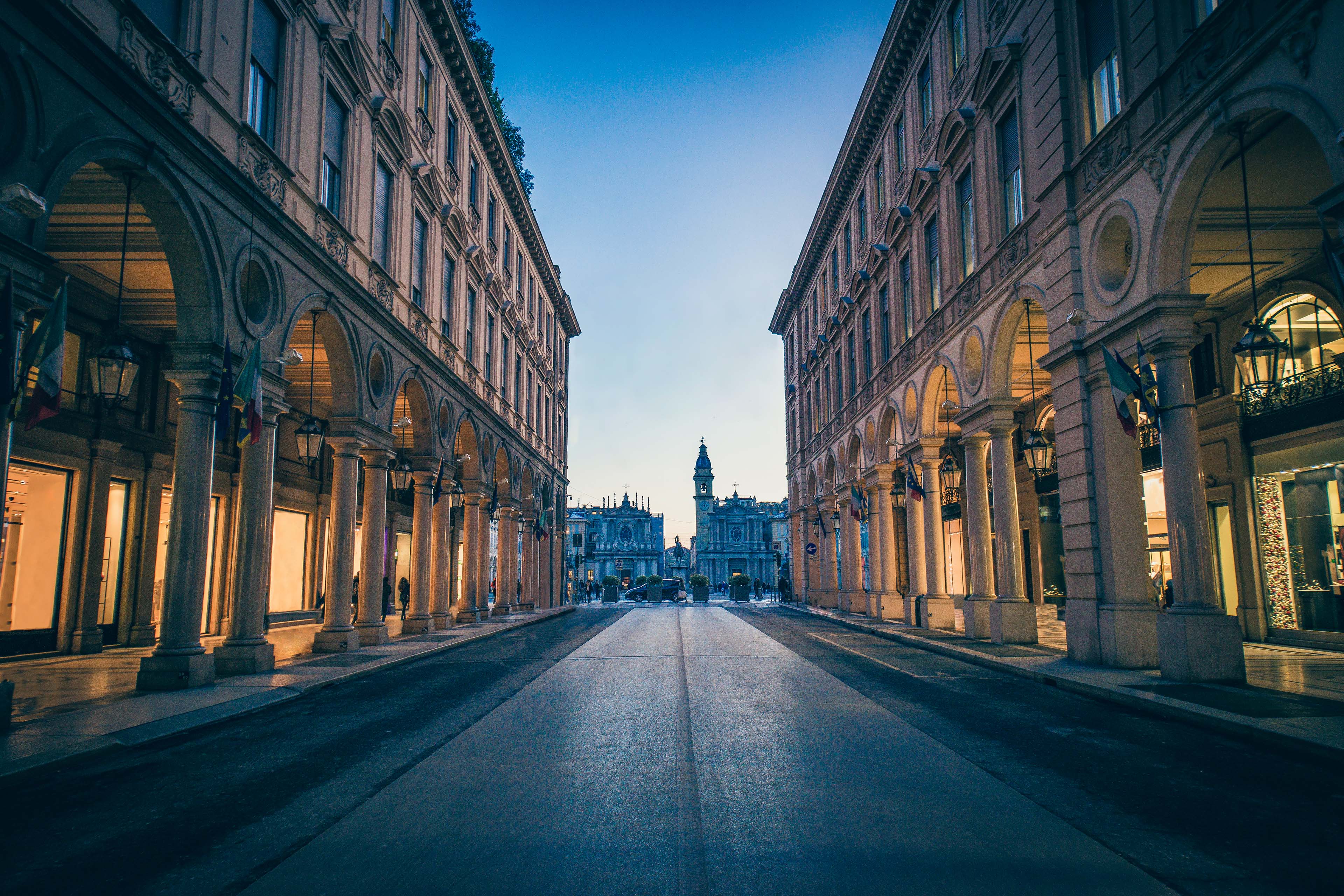 San Carlo Square and twin churches at night Turin