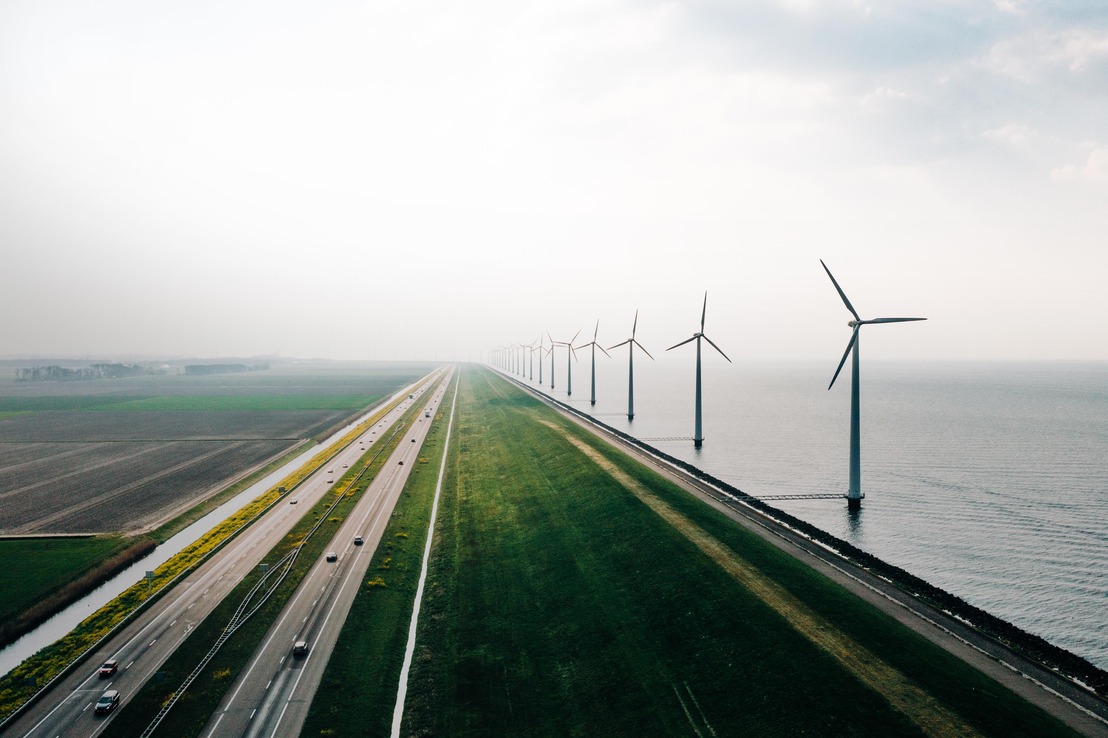 An aerial view of wind turbines