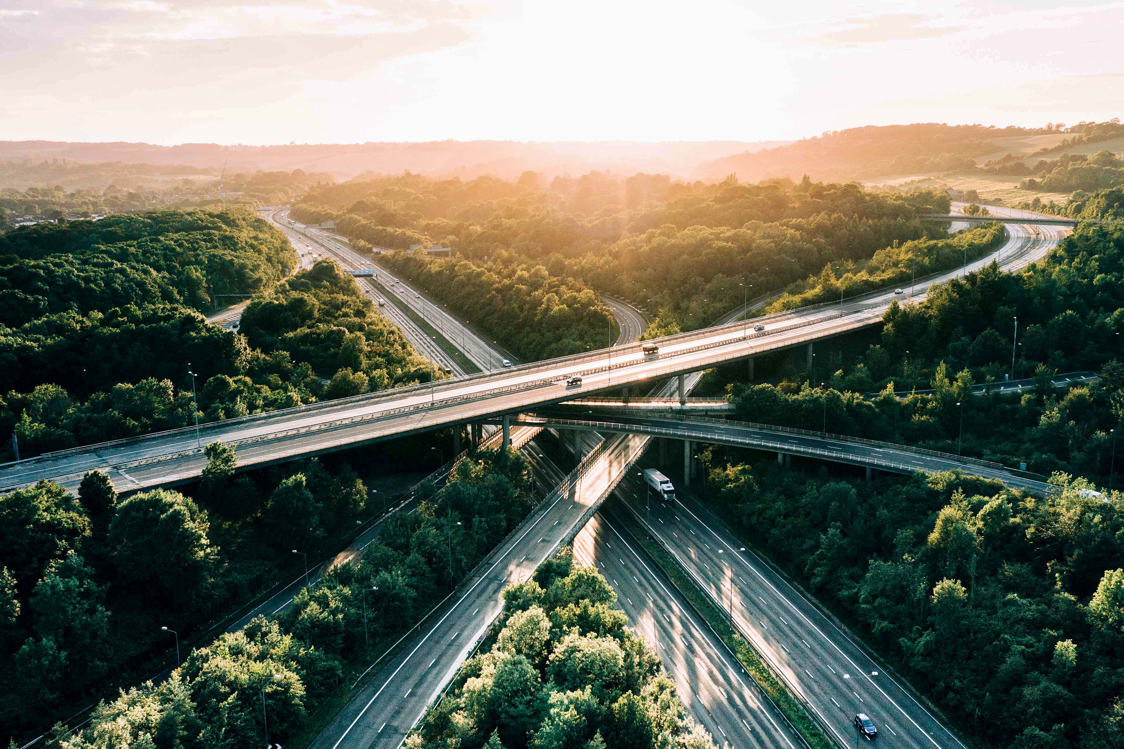 An aerial sunset view of a UK motorway