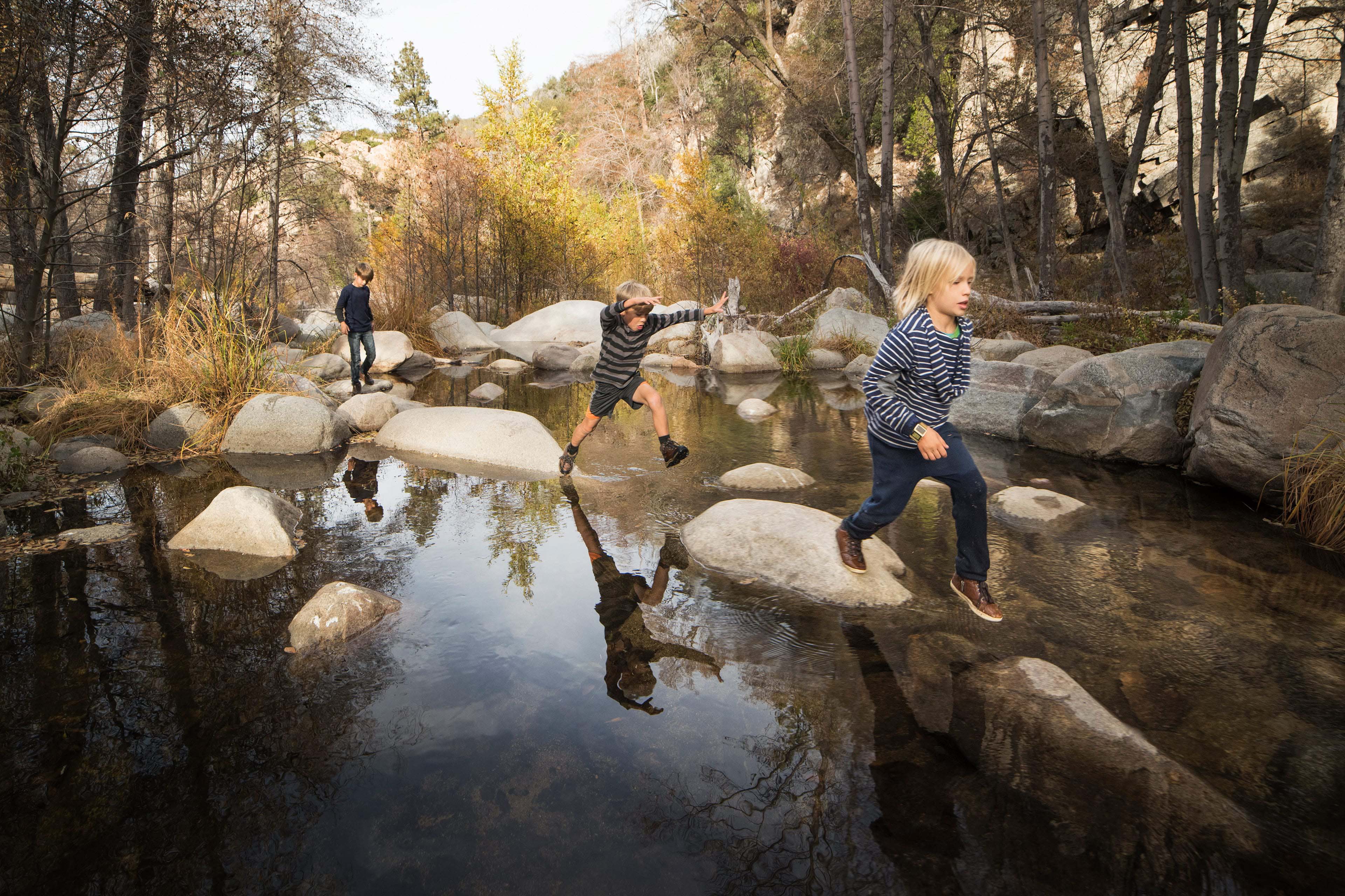 Children playing on the rocks in river