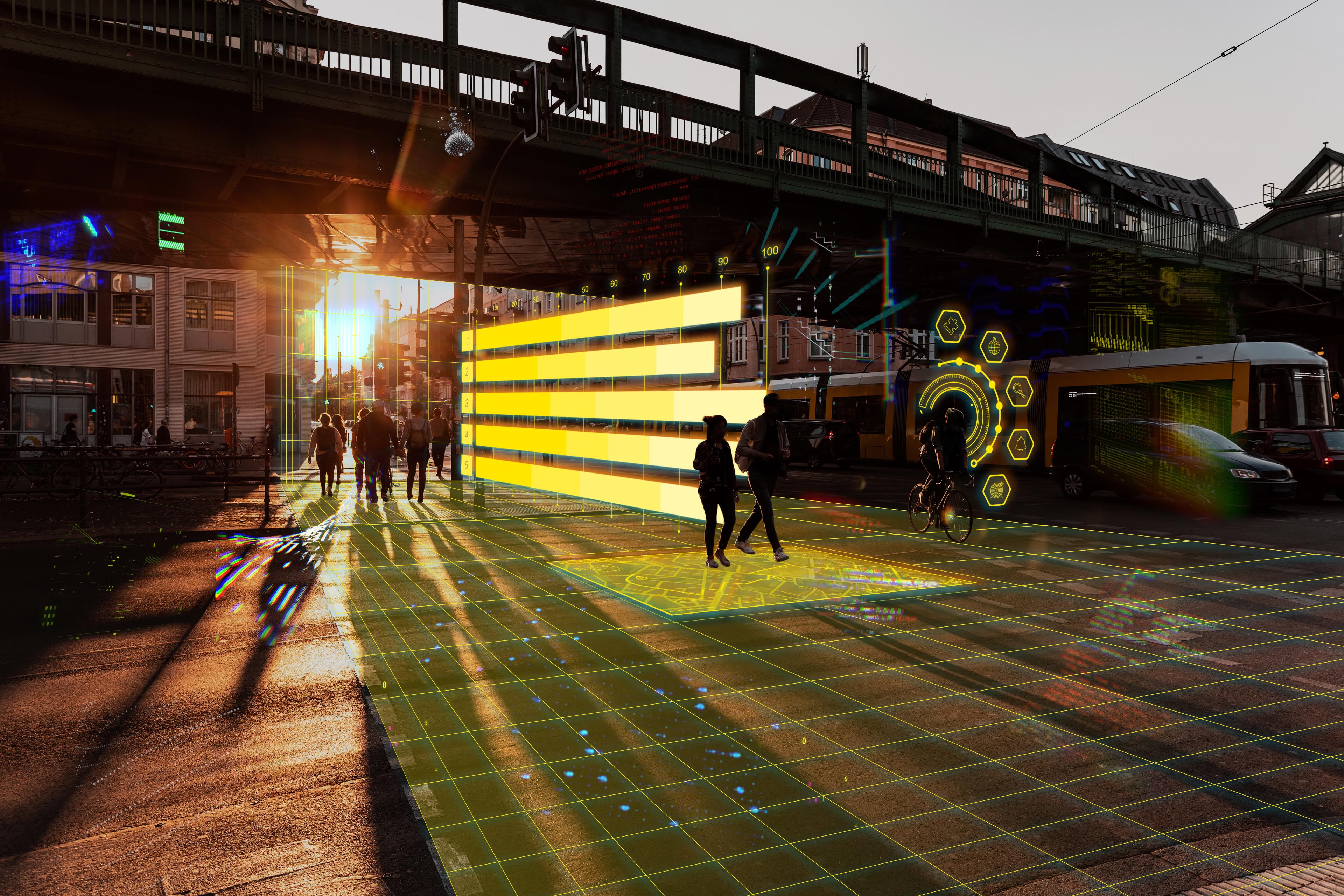 Busy street in Berlin with people silhouetted at sunset