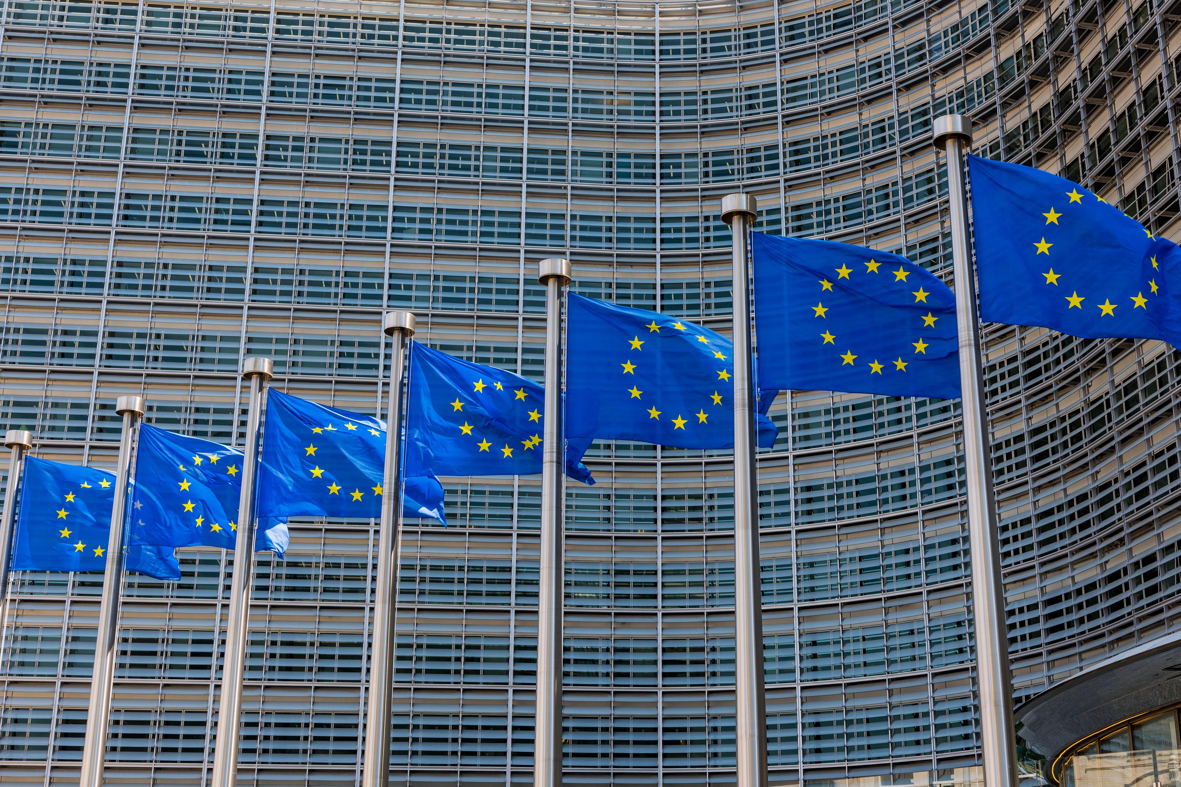 Fluttering European Union flags in a row in outside European Parliament building in Brussels