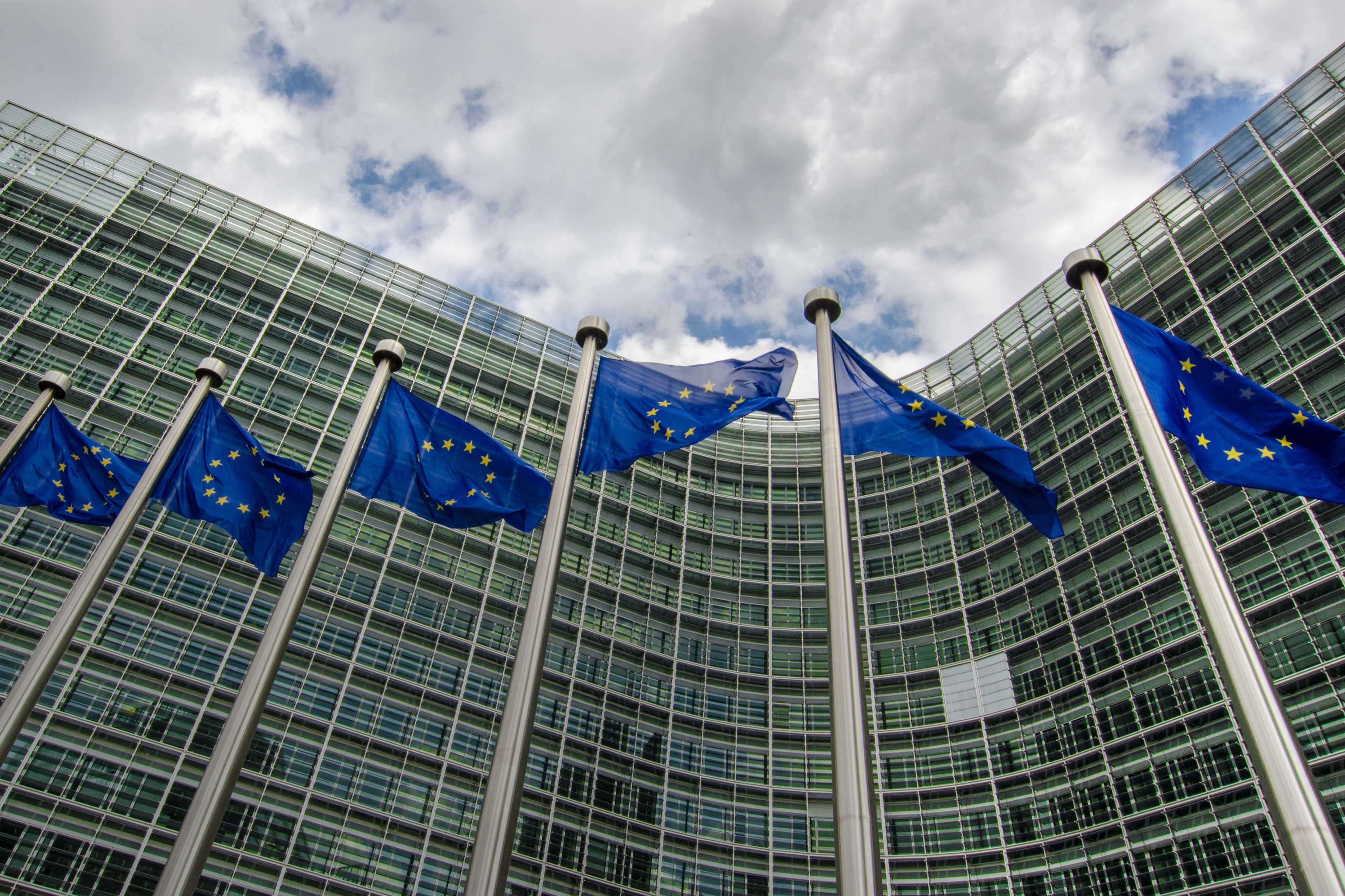 EU flags infront of European commission in Brussels