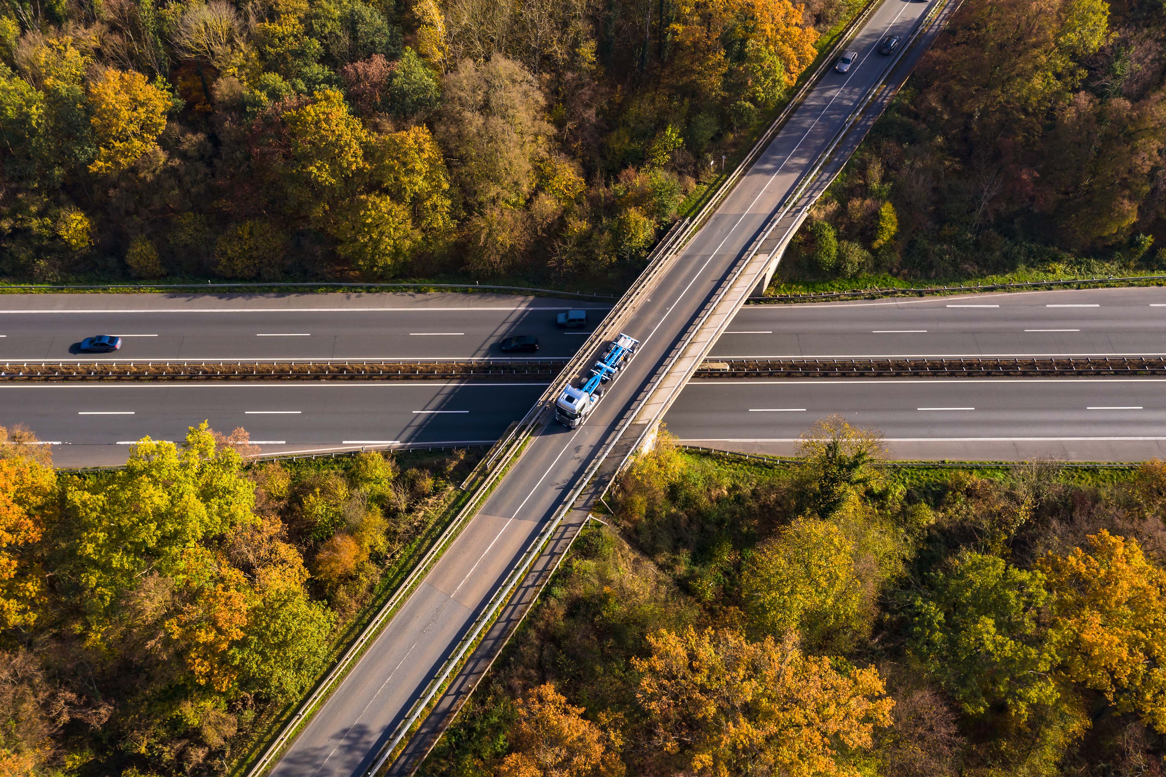 High angle view of bridge over road admist trees