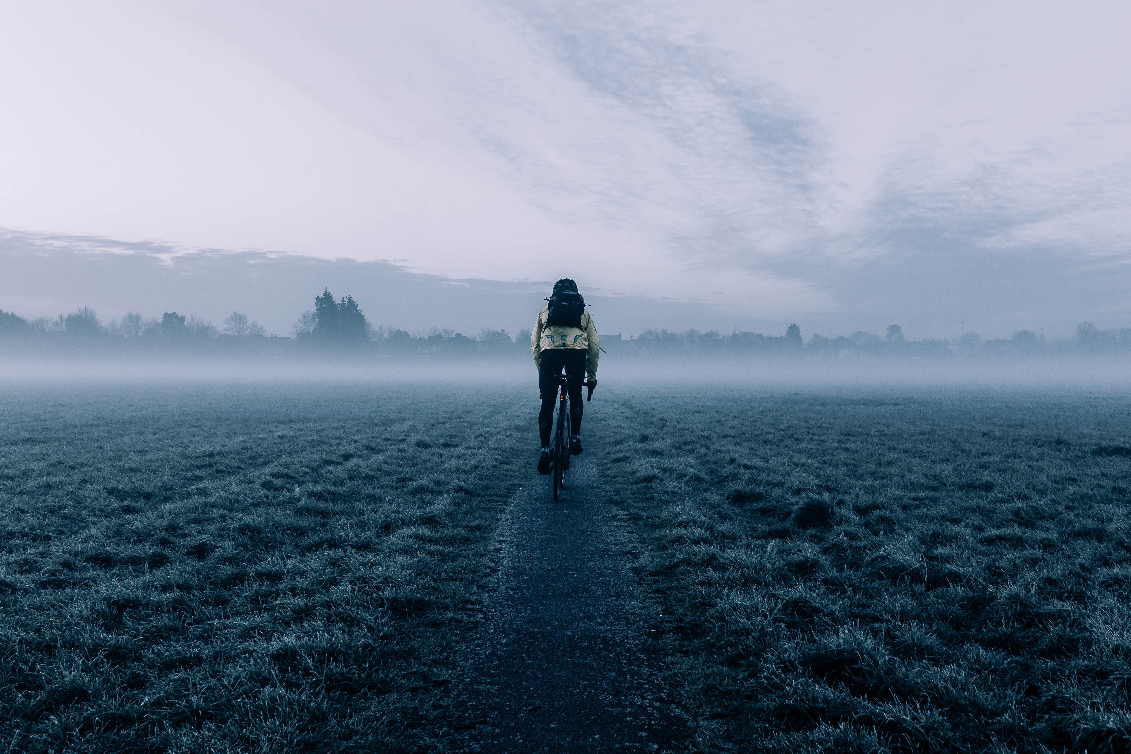 Rear view of man cycling on field