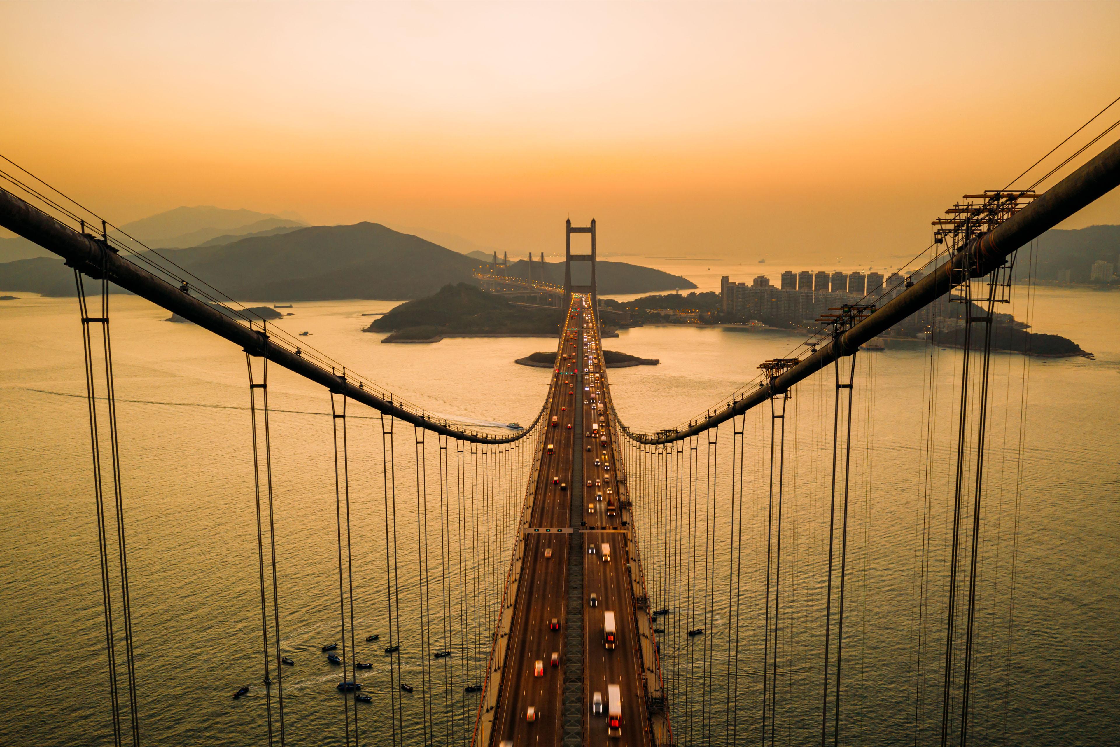 Aerial View Of Traffic Of Car At Tsing Ma Bridge