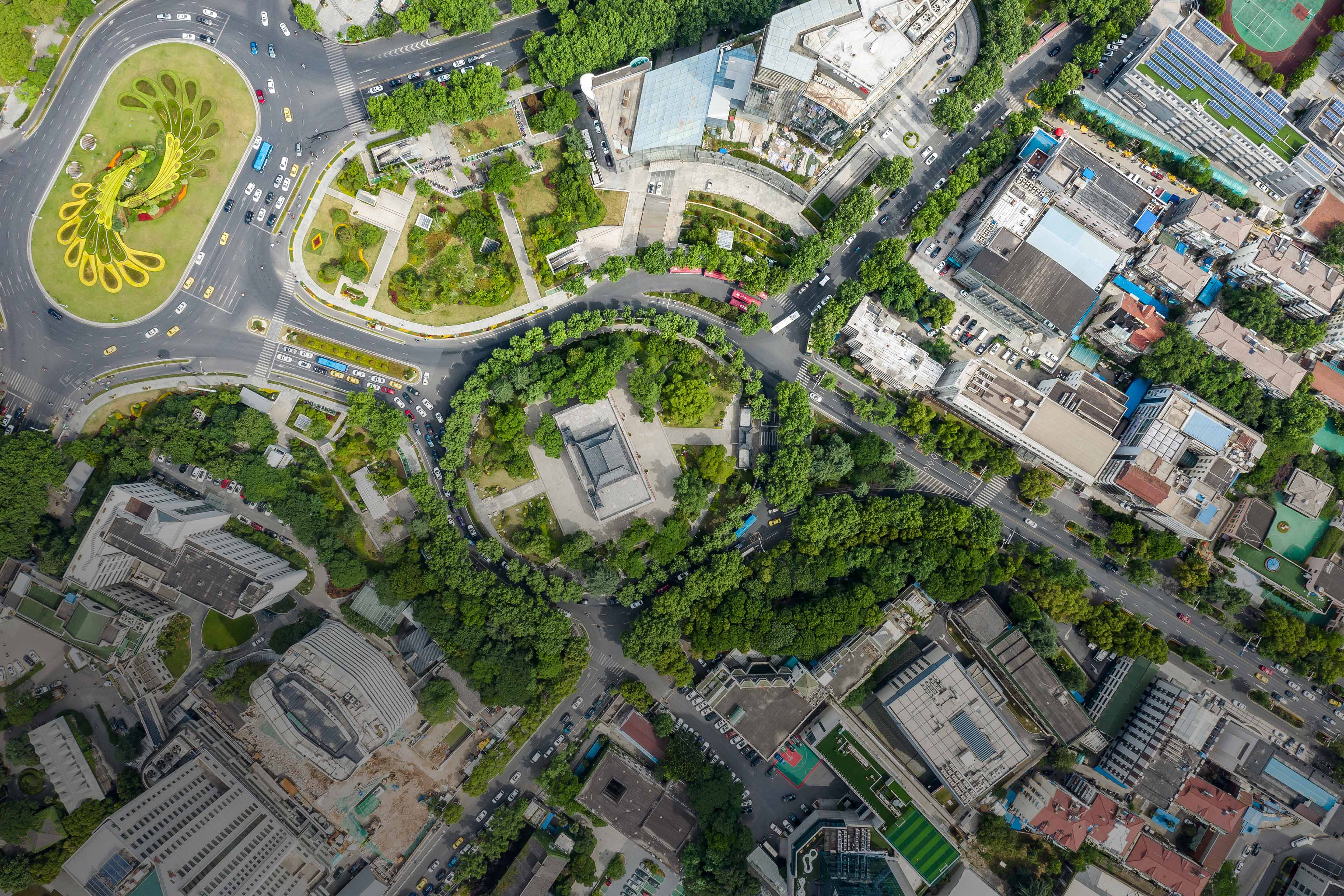 Aerial view of urban city landscape and park