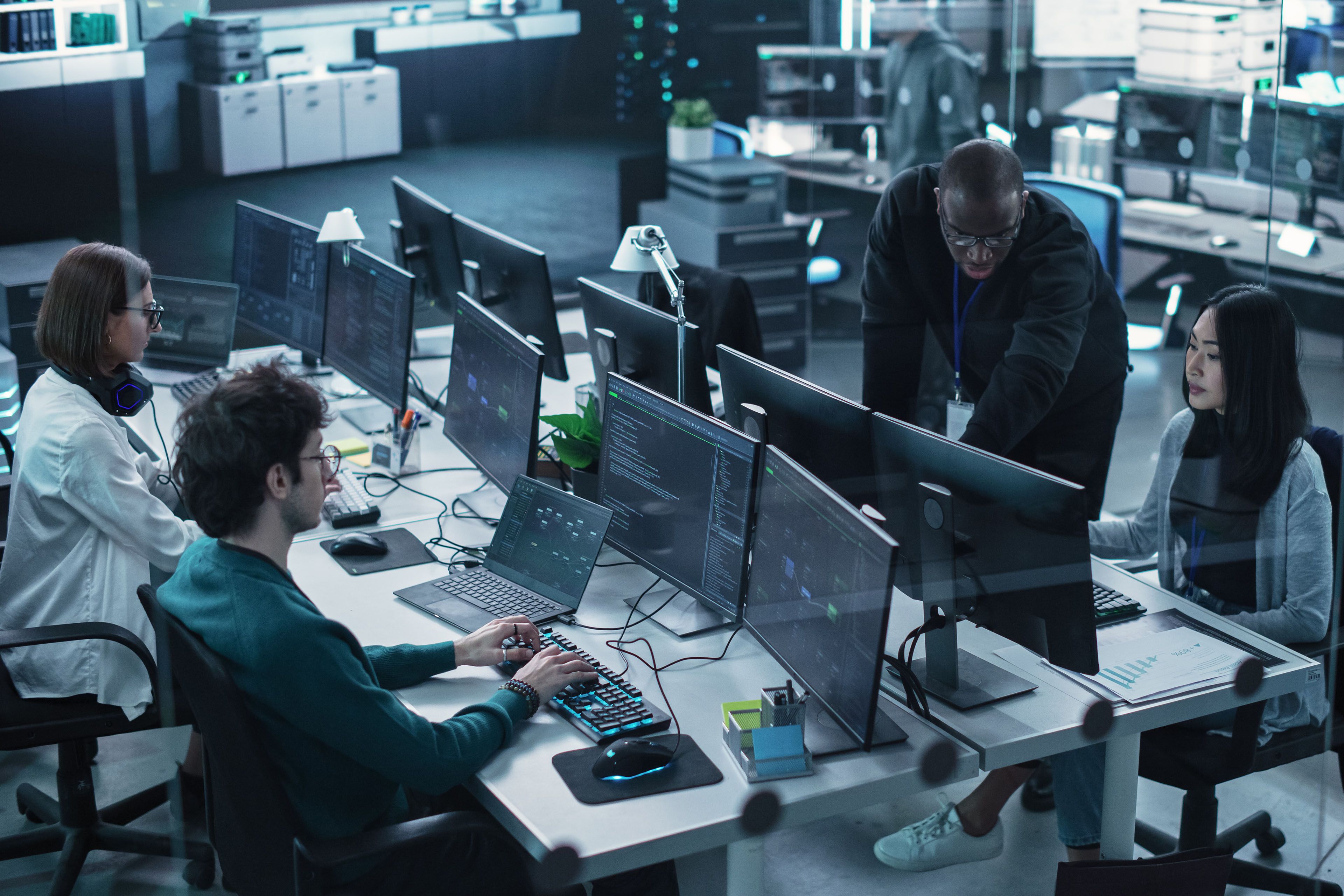 Diverse group of men and women working in a research center