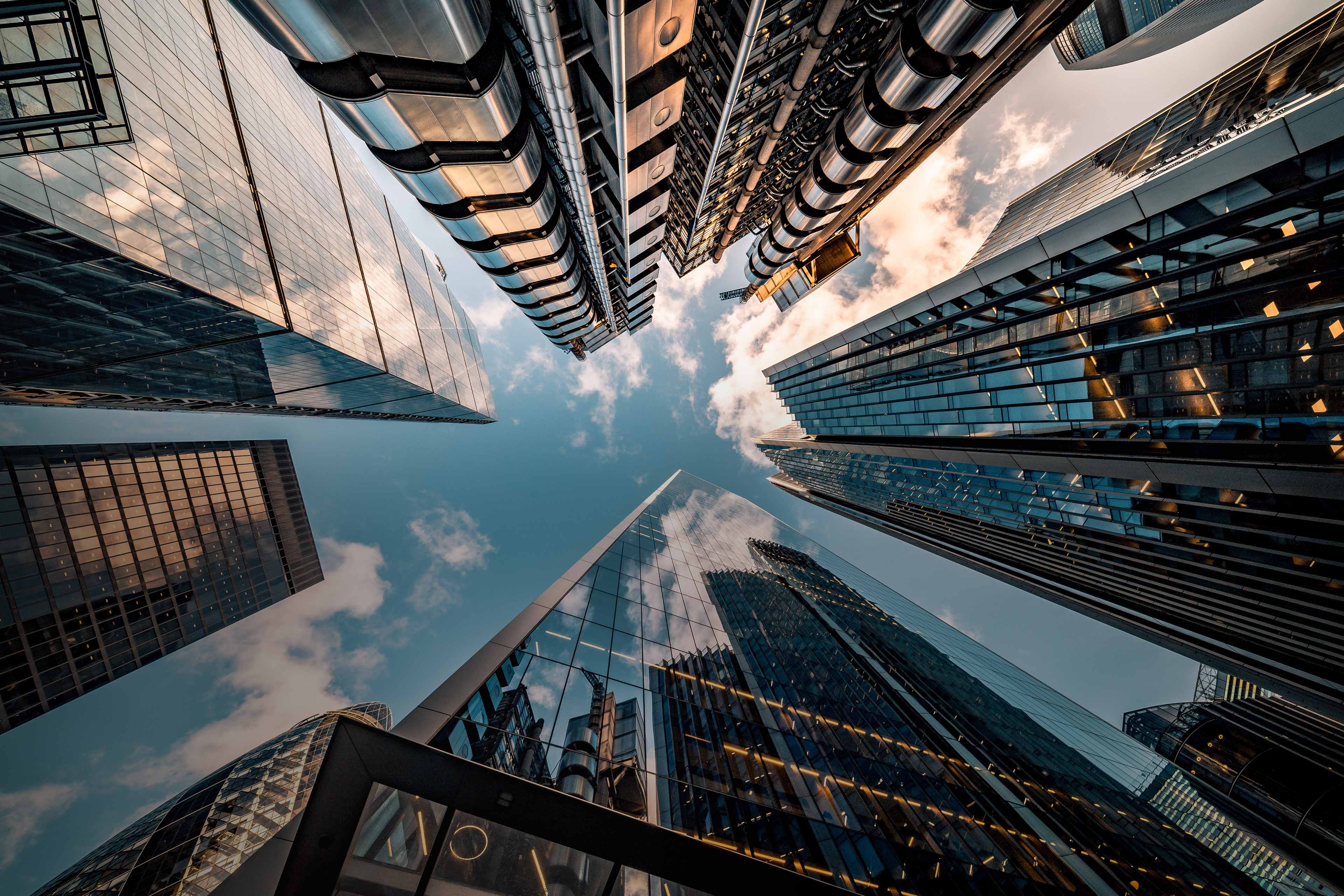 Wide angle view up towards the sky of London