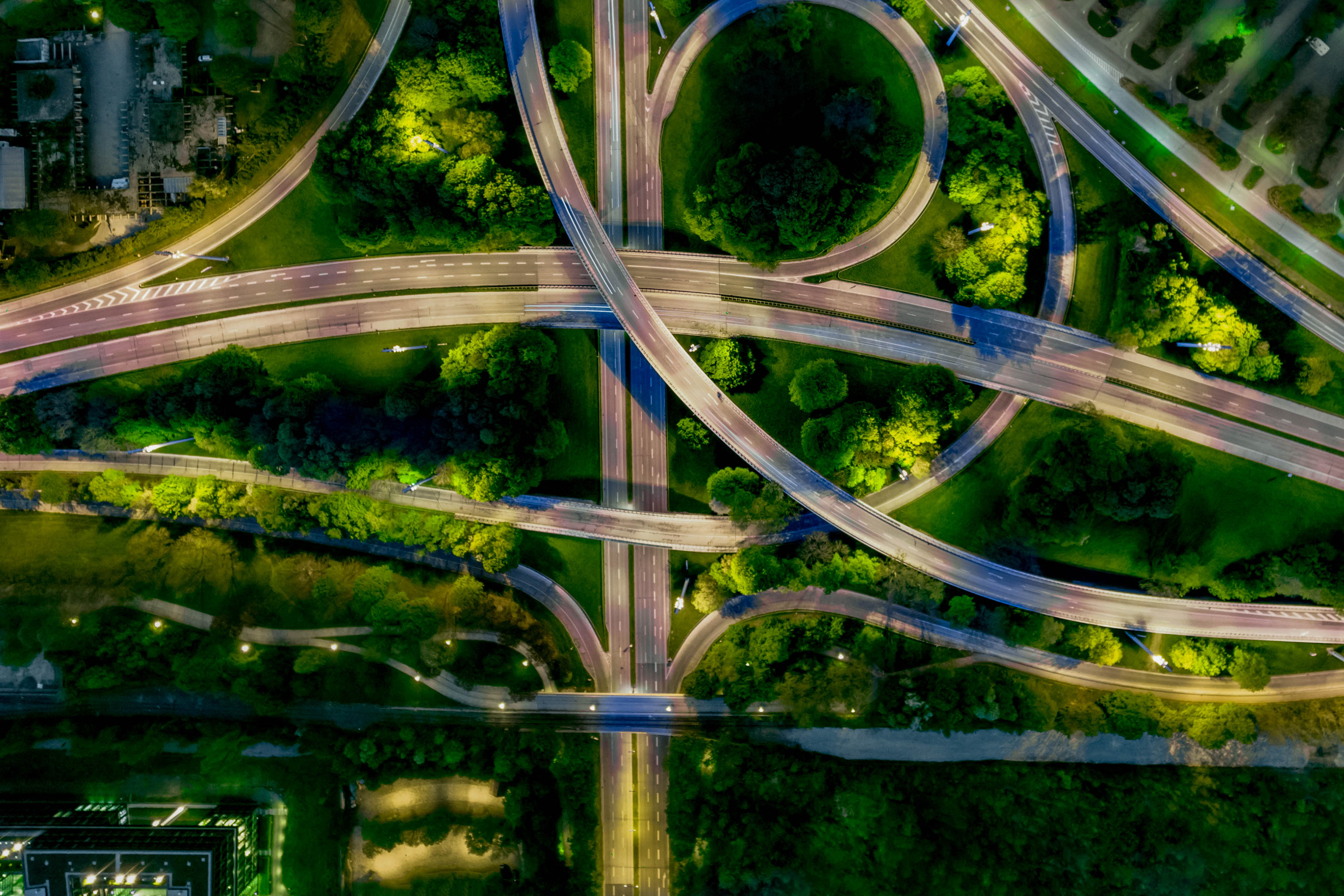 Aerial view of roads and city street at night