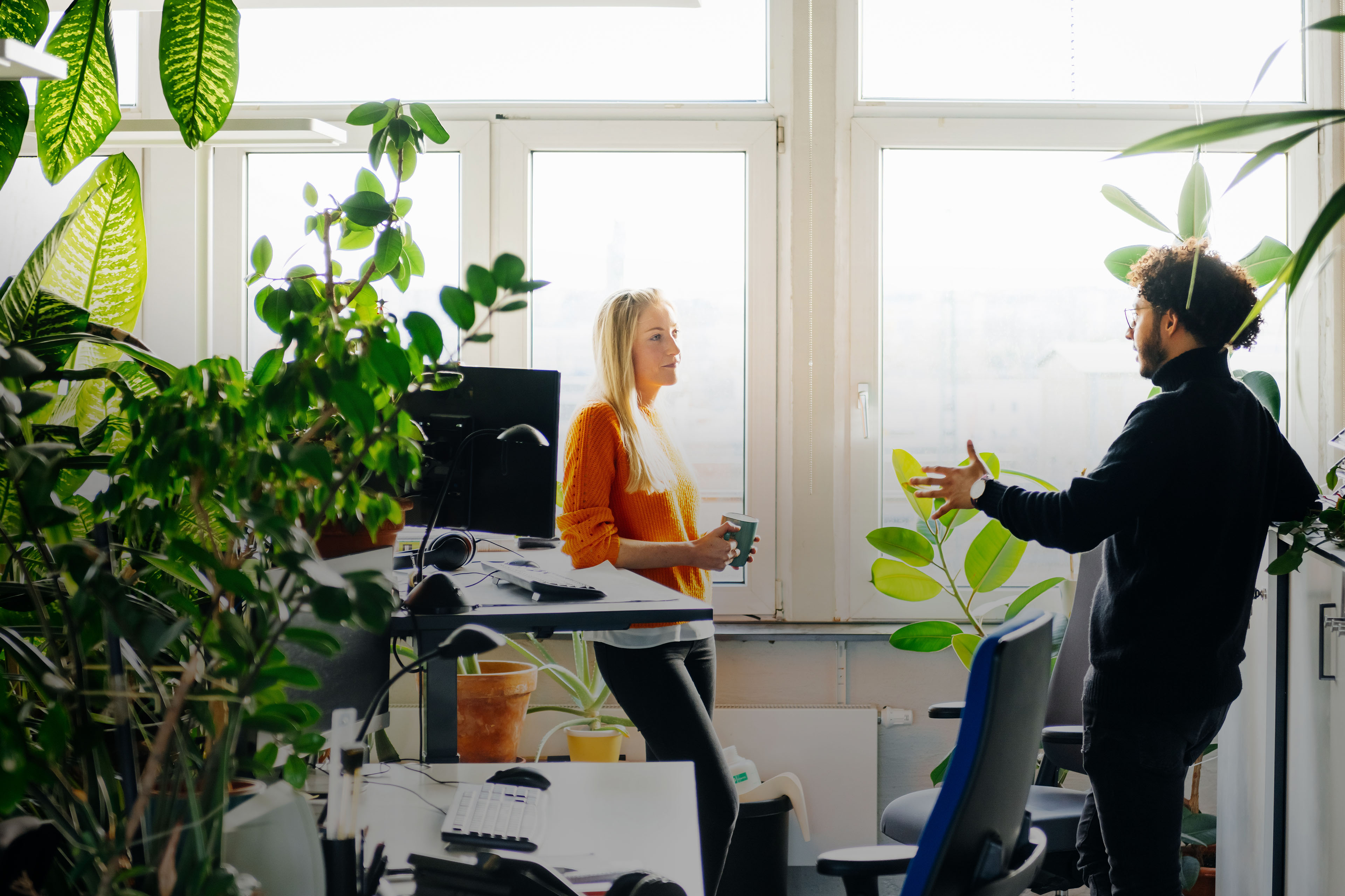 Two colleagues brainstorming during office hours