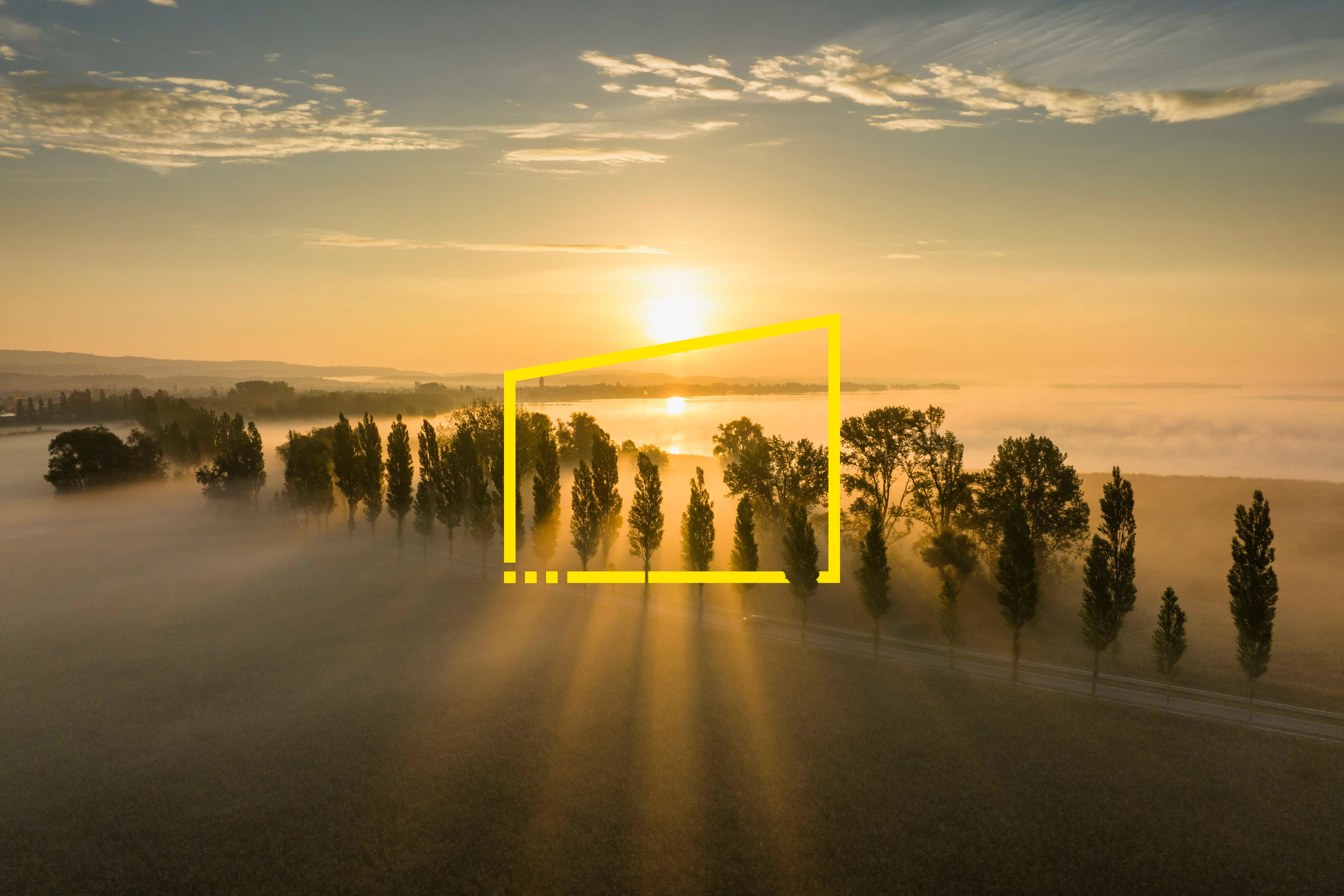 Aerial view of Lake Constance at sunrise with ground fog