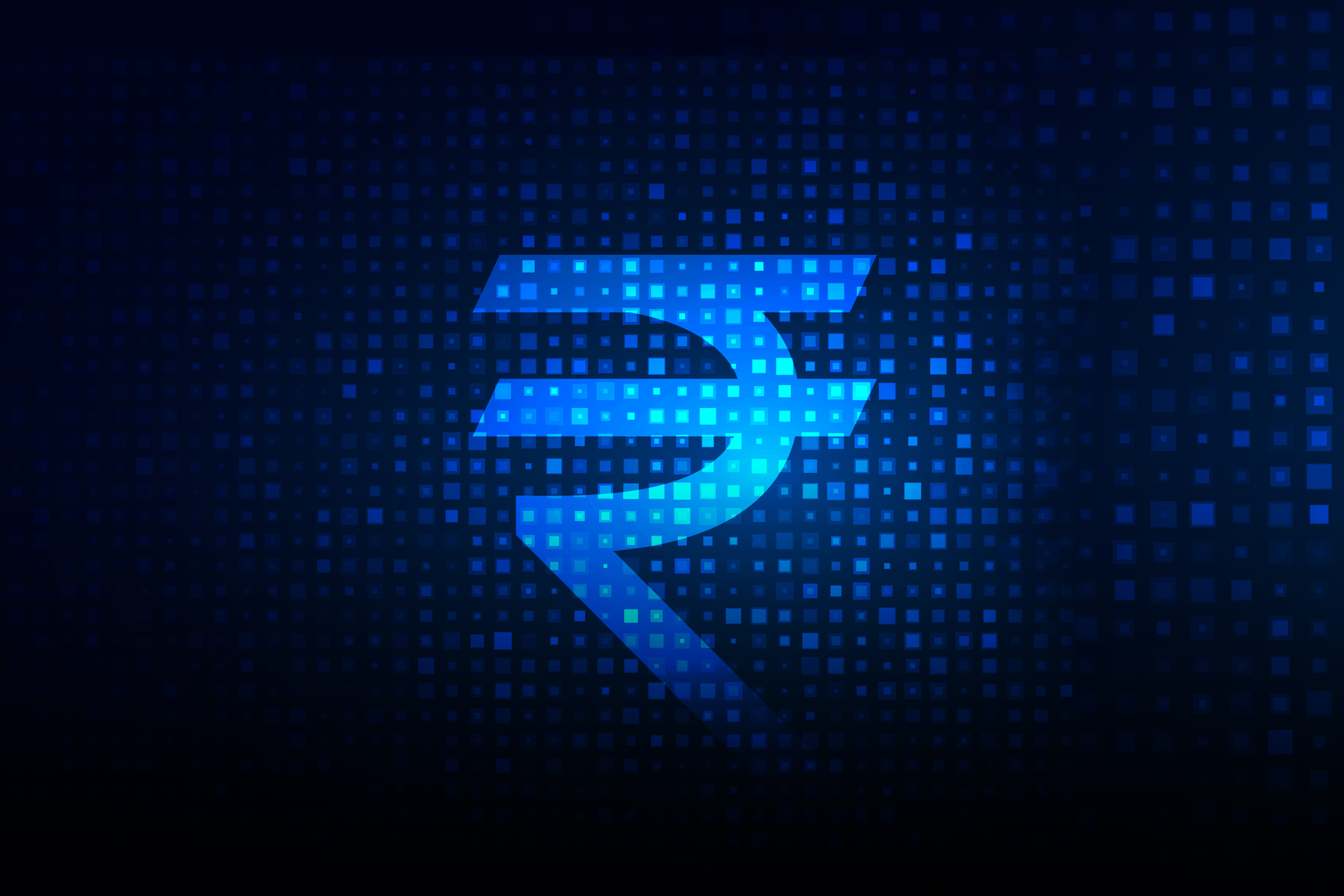 Rupee symbol on a blue pixel background