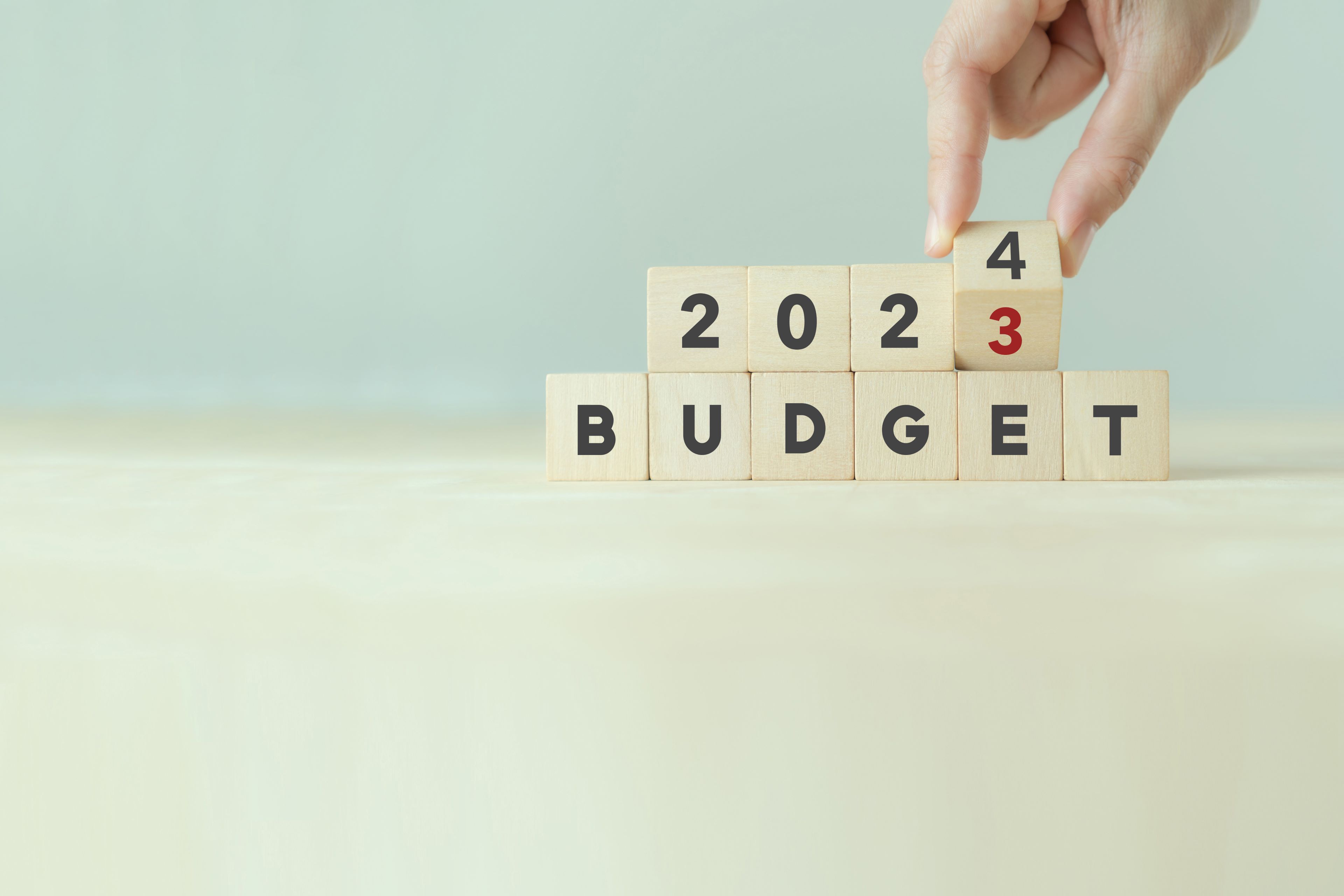 A hand changes wooden blocks to display 2024 instead of 2023 above the word budget