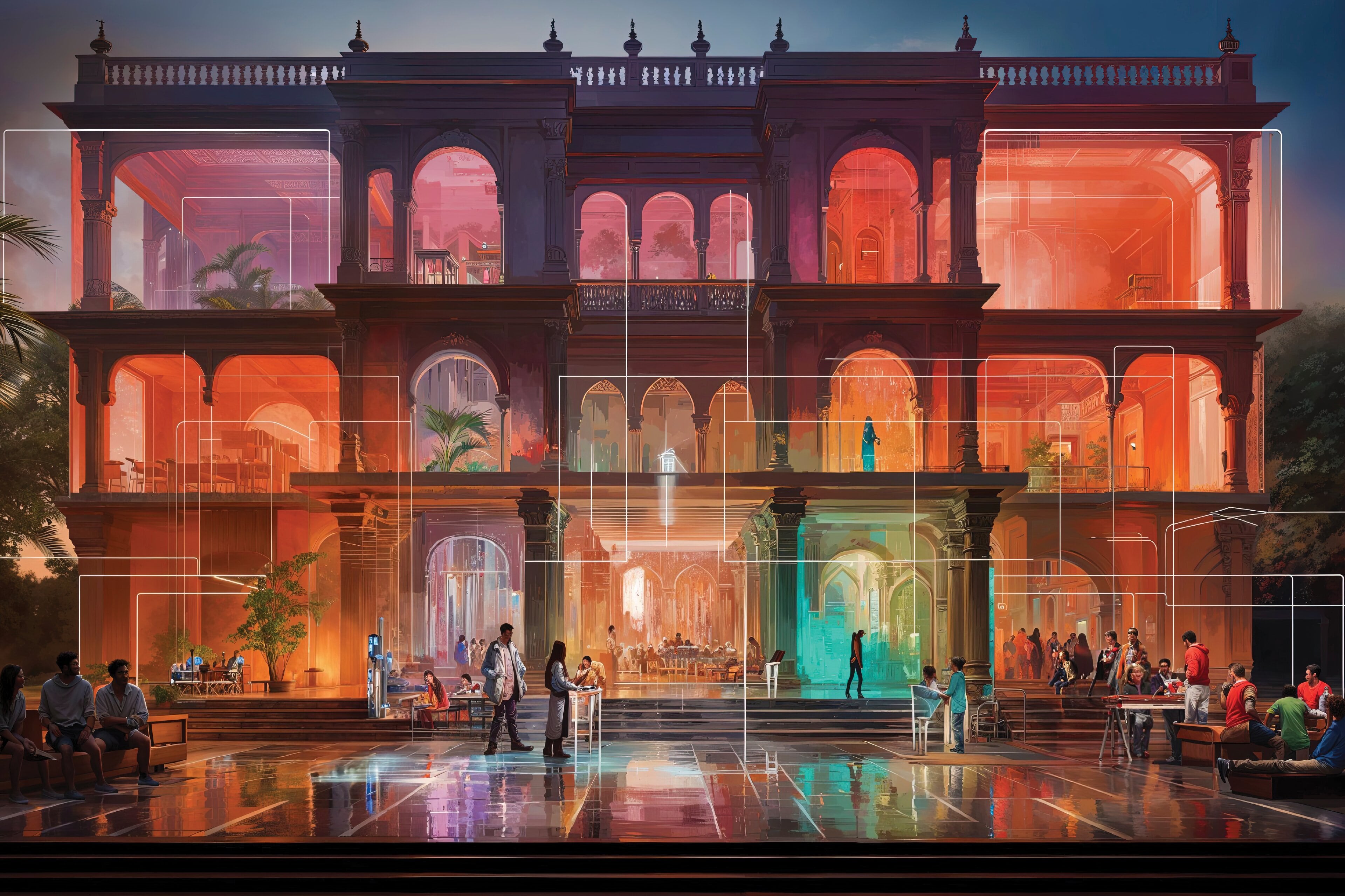 AI image of a mansion with group of people