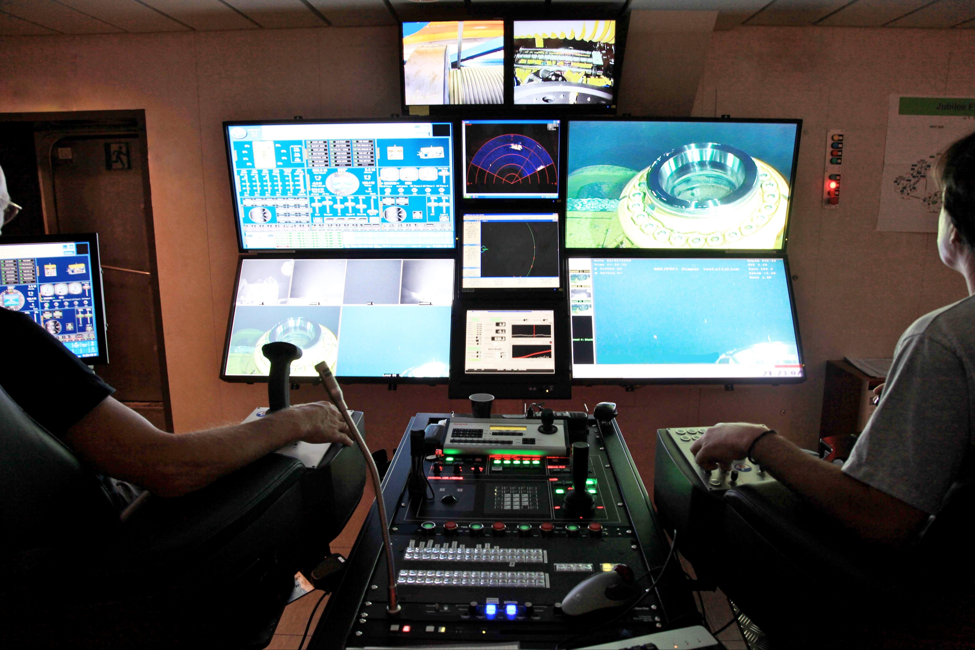 Underwater remotely operated vehicle control room on an oil and gas exploration ship