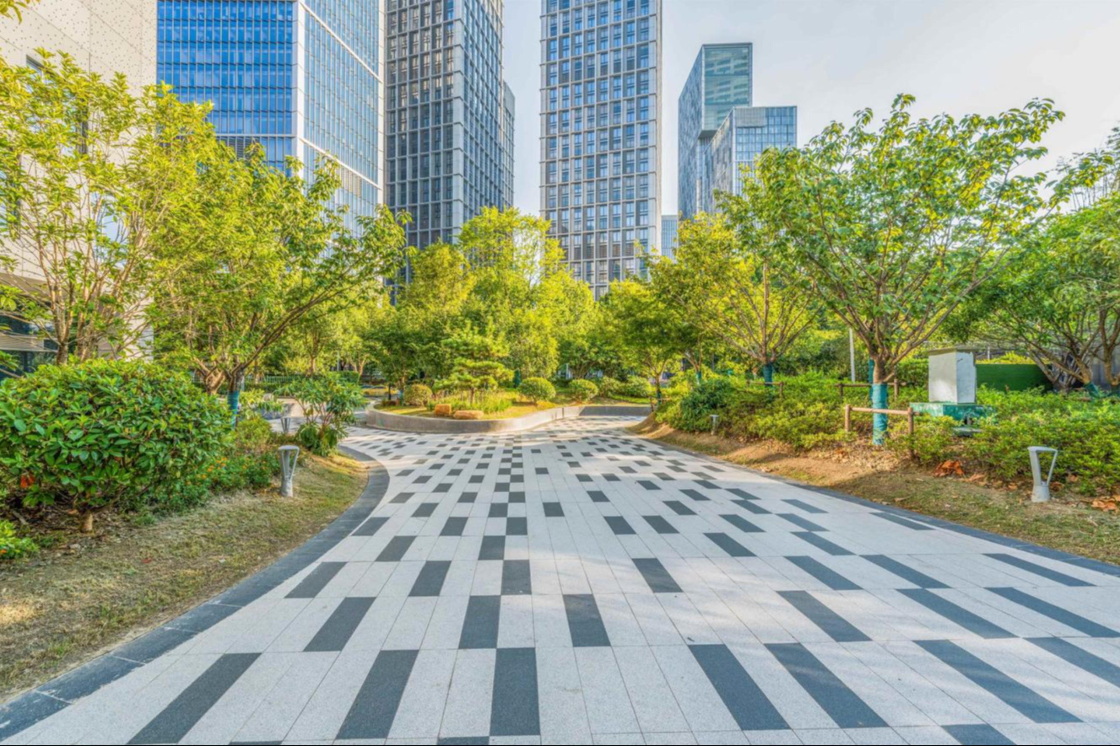 A city park with urban buildings in the background