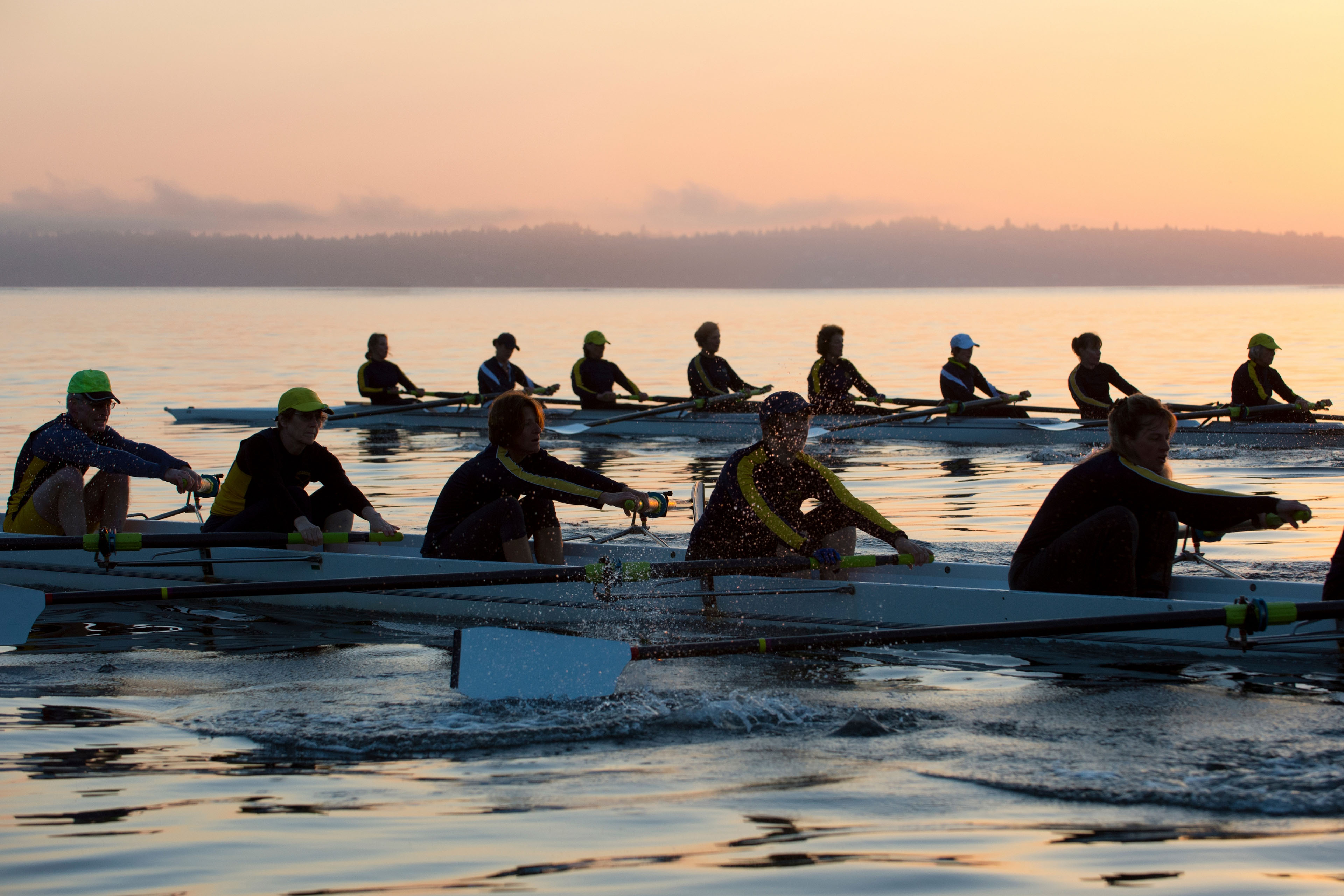 Fourteen people rowing at sunset