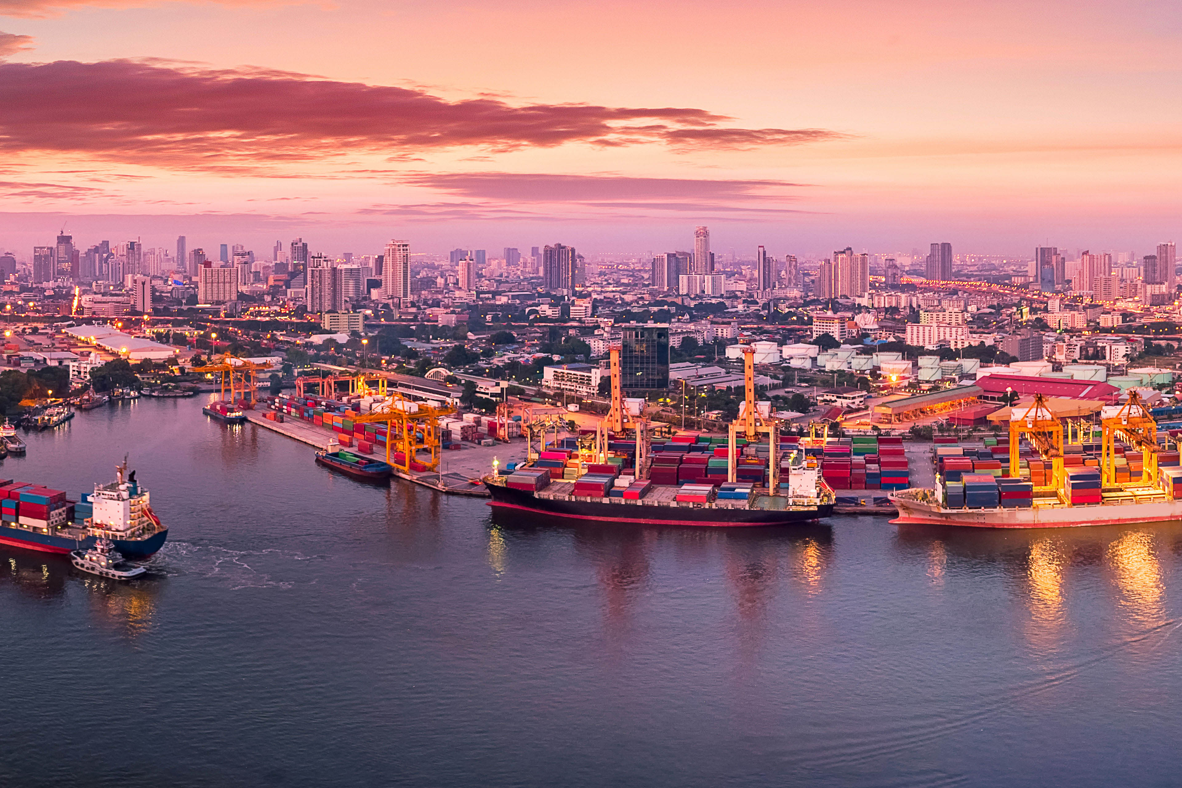 Aerial panoramic view of Logistics and transportation of Container Cargo ship and Cargo plane