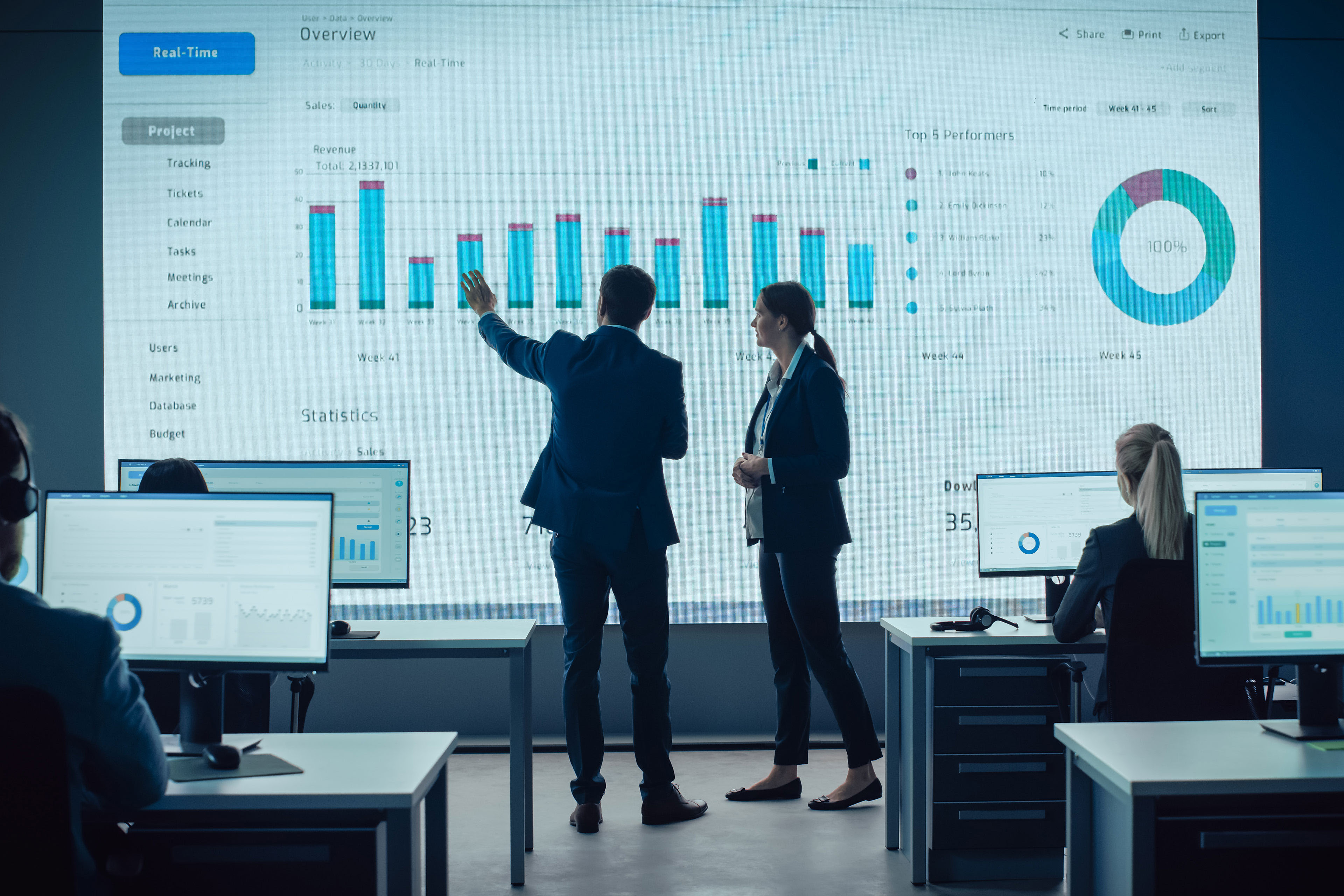 Two Traders Having a Meeting in a Modern Monitoring Office